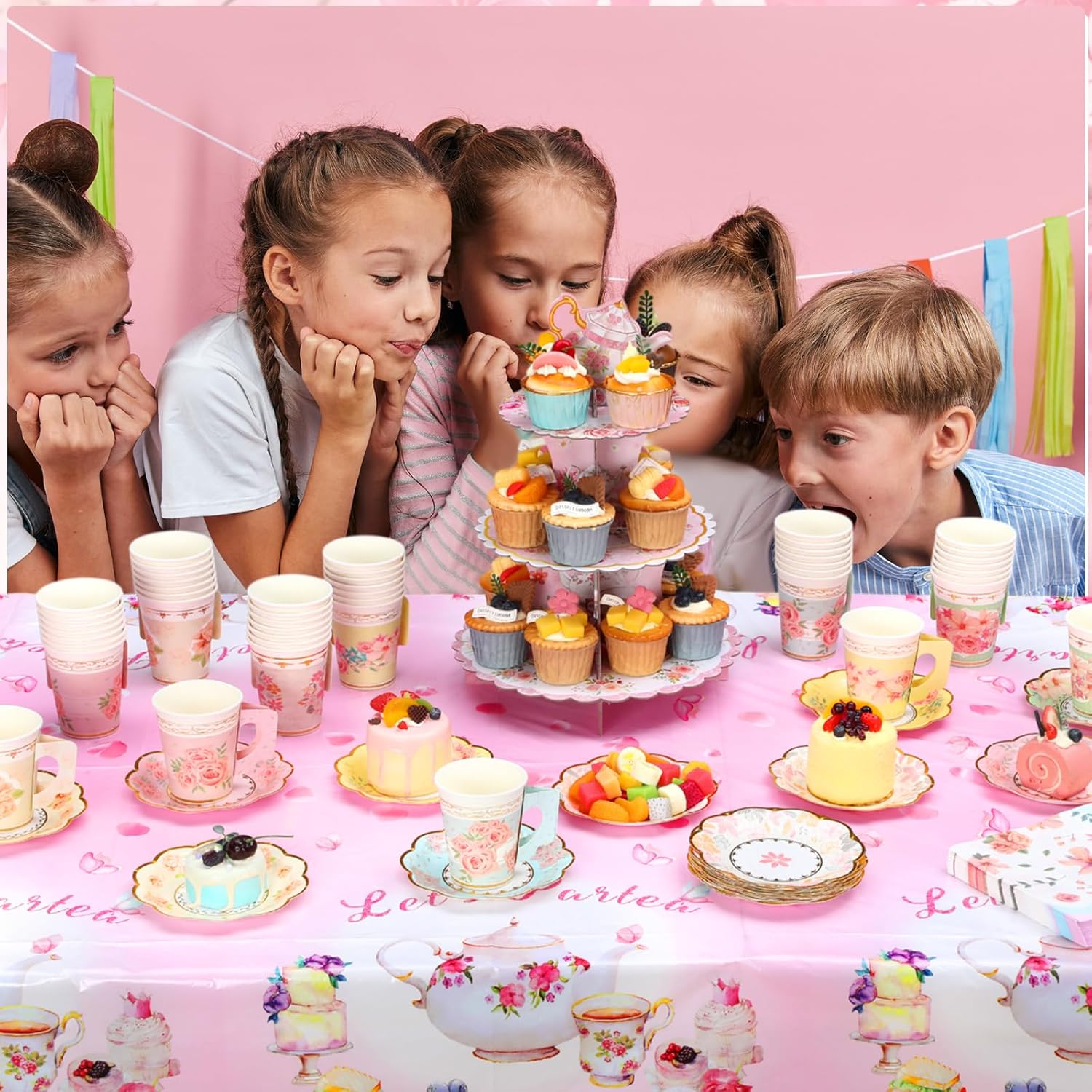Yungyan 110 Pcs 36 Guests Tea Birthday Party Supplies Disposable Tableware Set Include 6" Paper Plates 9 oz Cups with Handle 3 Tier Floral Cake Stand Napkins Tablecloth for Floral Party Wedding