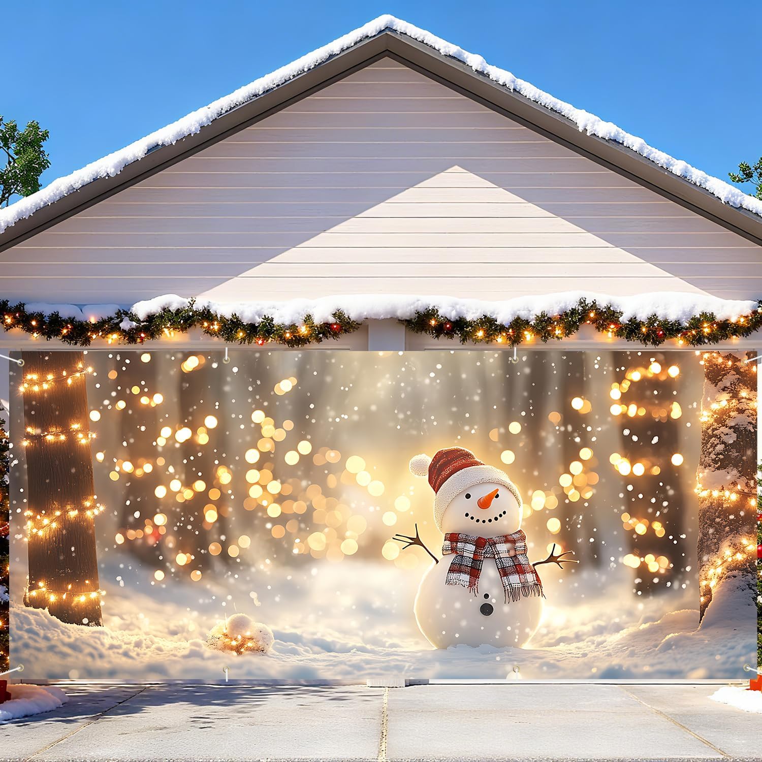 7 x 16 ft Christmas Garage Door Decorations Merry Christmas Decorations Xmas Garage Door Cover, Happy New Year Hanging Banner for Home,Outdoor,Indoor,Party (Snowmen-2, 7x16 ft)