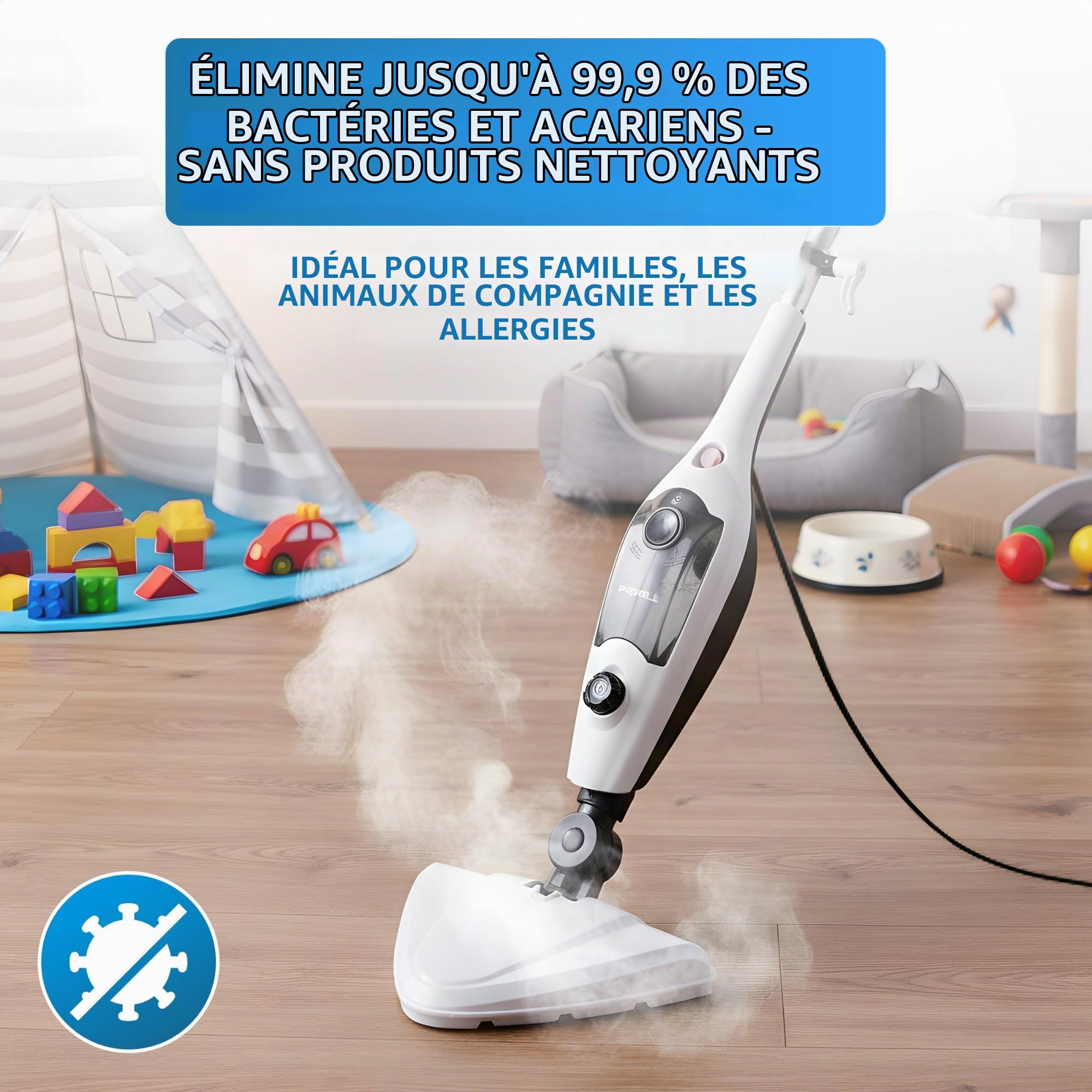 Powell Balai Vapeur 12 en 1 - Nettoyeur Vapeur Multifonction 1300 W pour Sols Durs, Tapis et Tissus d'Ameublement, sans Produits Chimiques, Blanc