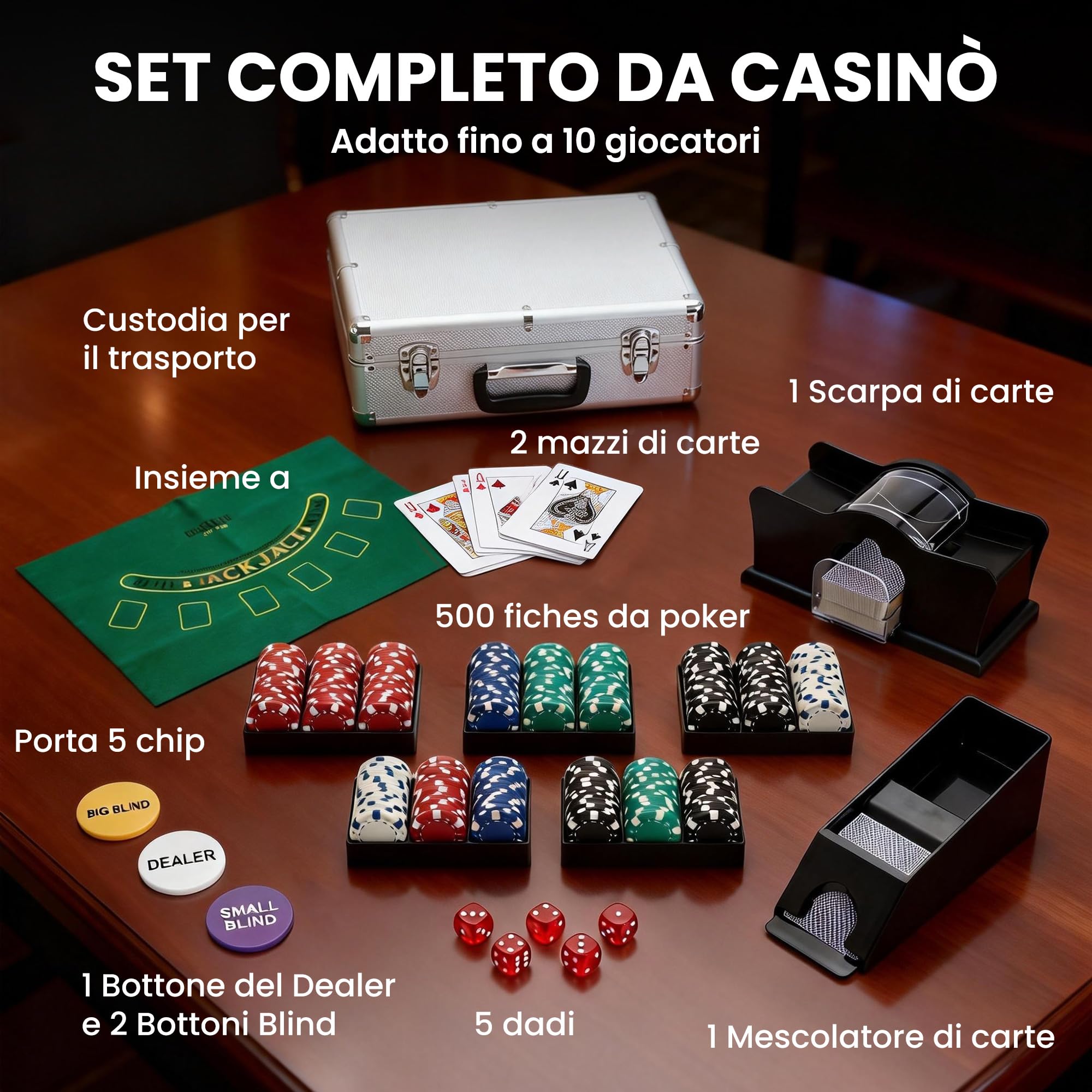SPORTNOW Set da Poker Completo con 500 Fiches per 8 Giocatori Argento | Mescolatore di Carte, Distributore di Carte, 2 Mazzi, Tappetino, 5 Dadi, Pulsante Dealer, Valigetta