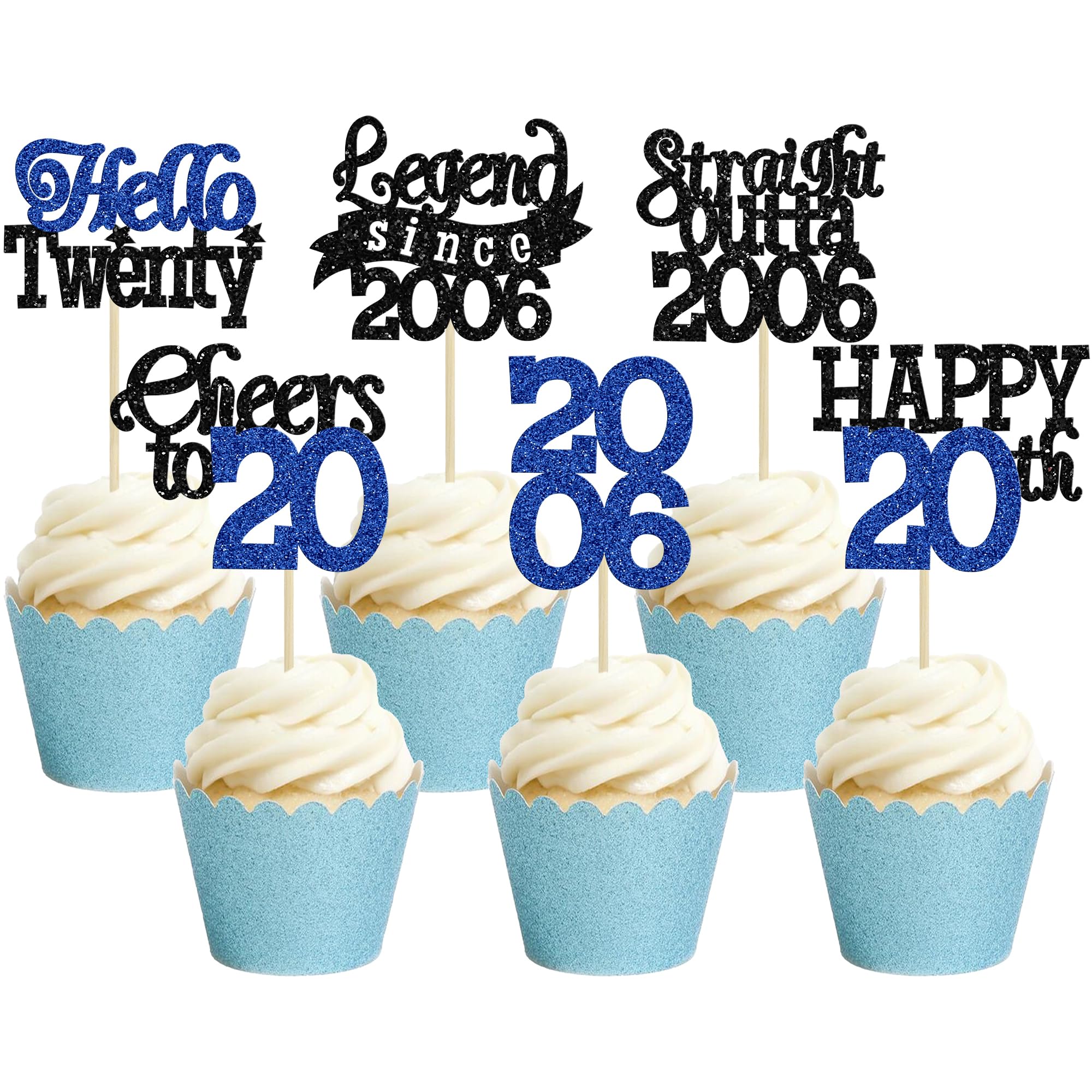 Gyufise 24Pcs Happy 20th Birthday Cupcake Toppers Hello Twenty Legend Since 2006 Cupcake Picks Cheers to 20 Years Cake Decorations for 20th Birthday Anniversary Party Supplies Black Blue