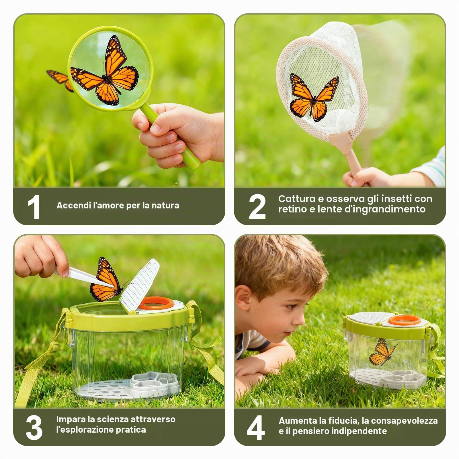 Dreamon Carriola per Bambini 17PCS – Set Giardinaggio Bambini con Attrezzi Lunghi e Corti, Guanti, Kit Esplorazione con Scatola Insetti, Retino, Lente d’Ingrandimento – Gioco Educativo Esterno 3+ Ann