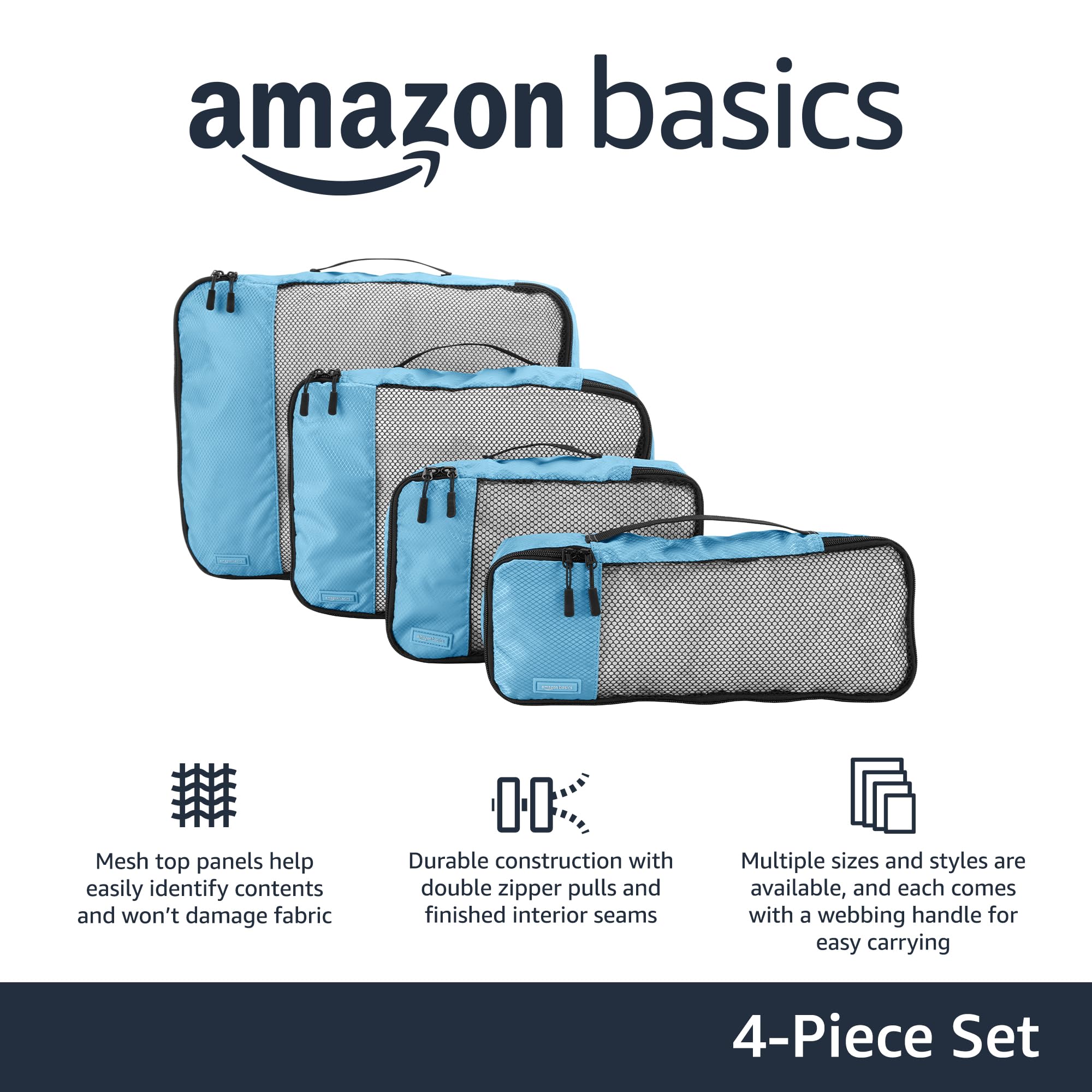 Amazon Basics Organizer da Viaggio Salvaspazio per Valigie, con Cerniera, Set da 4 Pezzi, Grande/Medio/Piccolo/Sottile, Blu Cielo