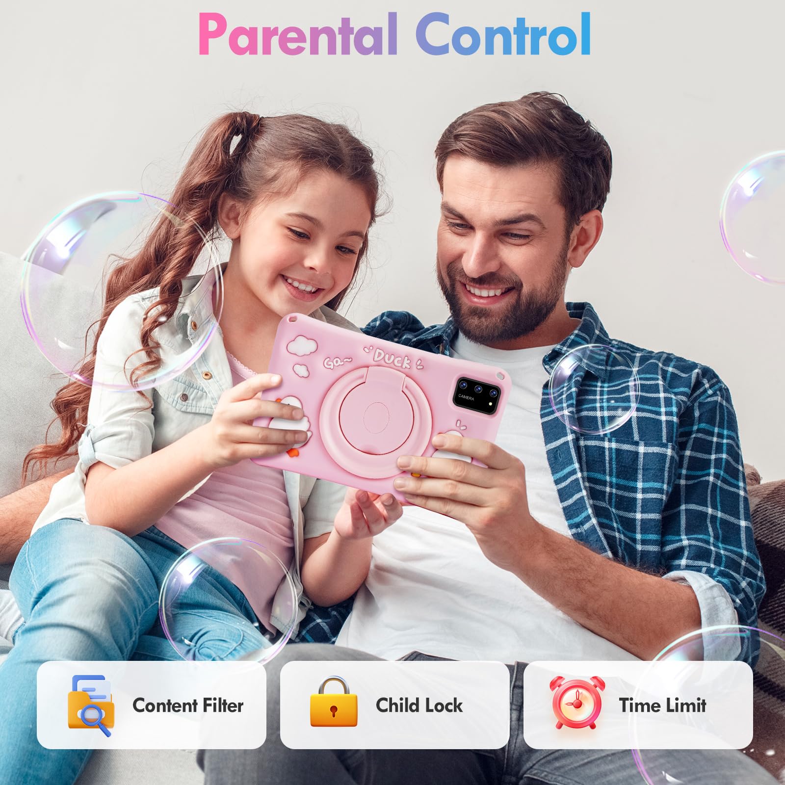 BISAIKASOW Tablet Bambini 7pollici, Android 13, Octa-Core, 8GB+64GB (esp. 256GB), 5800mAh Batteria, Doppia Cam. 5MP+8MP, Software Bambini, Controllo Parentale, con Custodia (Rosa)