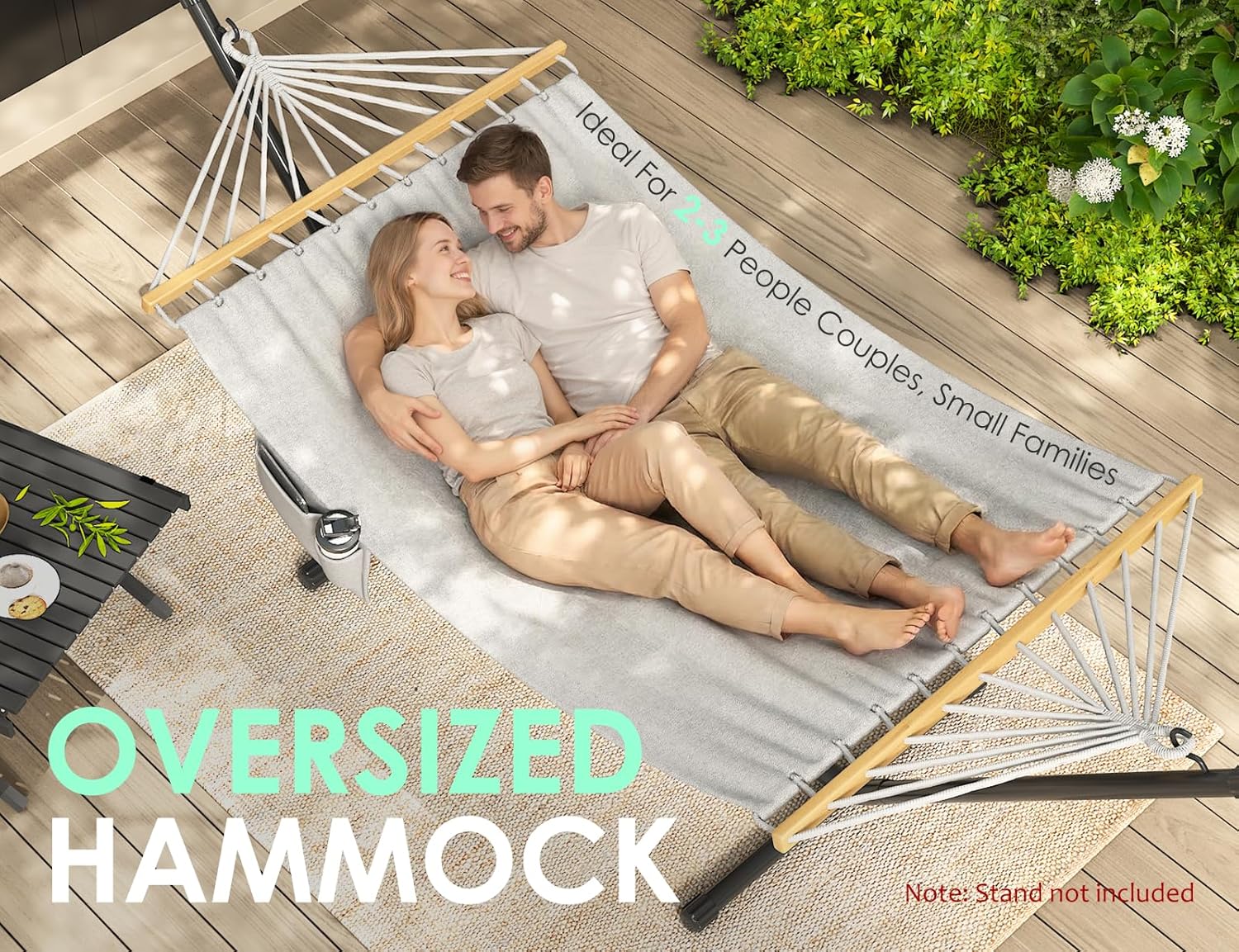 Hammock for Outside, Double Hammocks Without Stand, 2 Person, Spreader Wooden Bar, Side Storage, for Outdoor, Indoor, Patio (Light Grey)