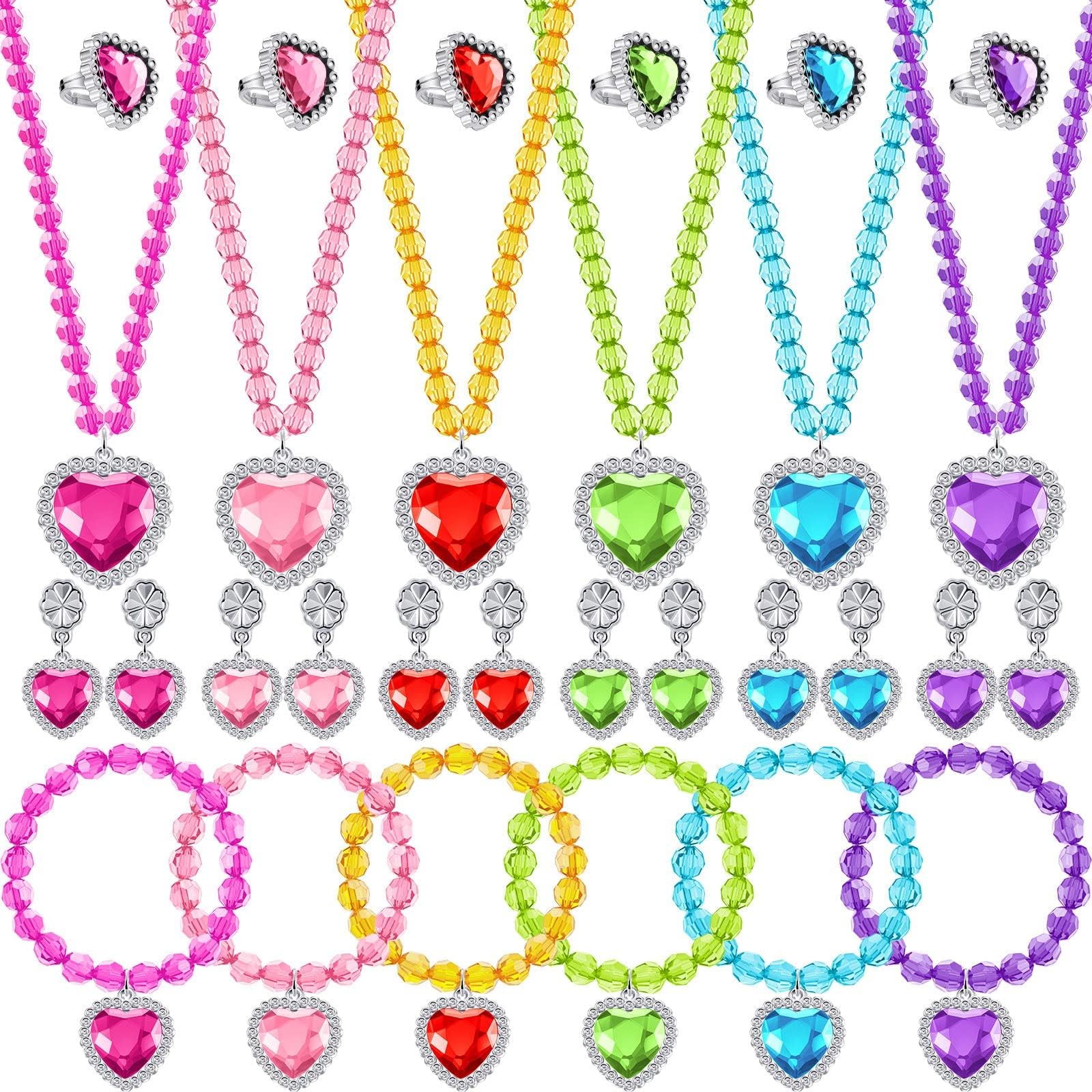 Princess Kids Dress Up Jewelry Set - 6pc Necklace, Bracelet, Rings & Earrings - Costume Party Favors (30 Pcs)