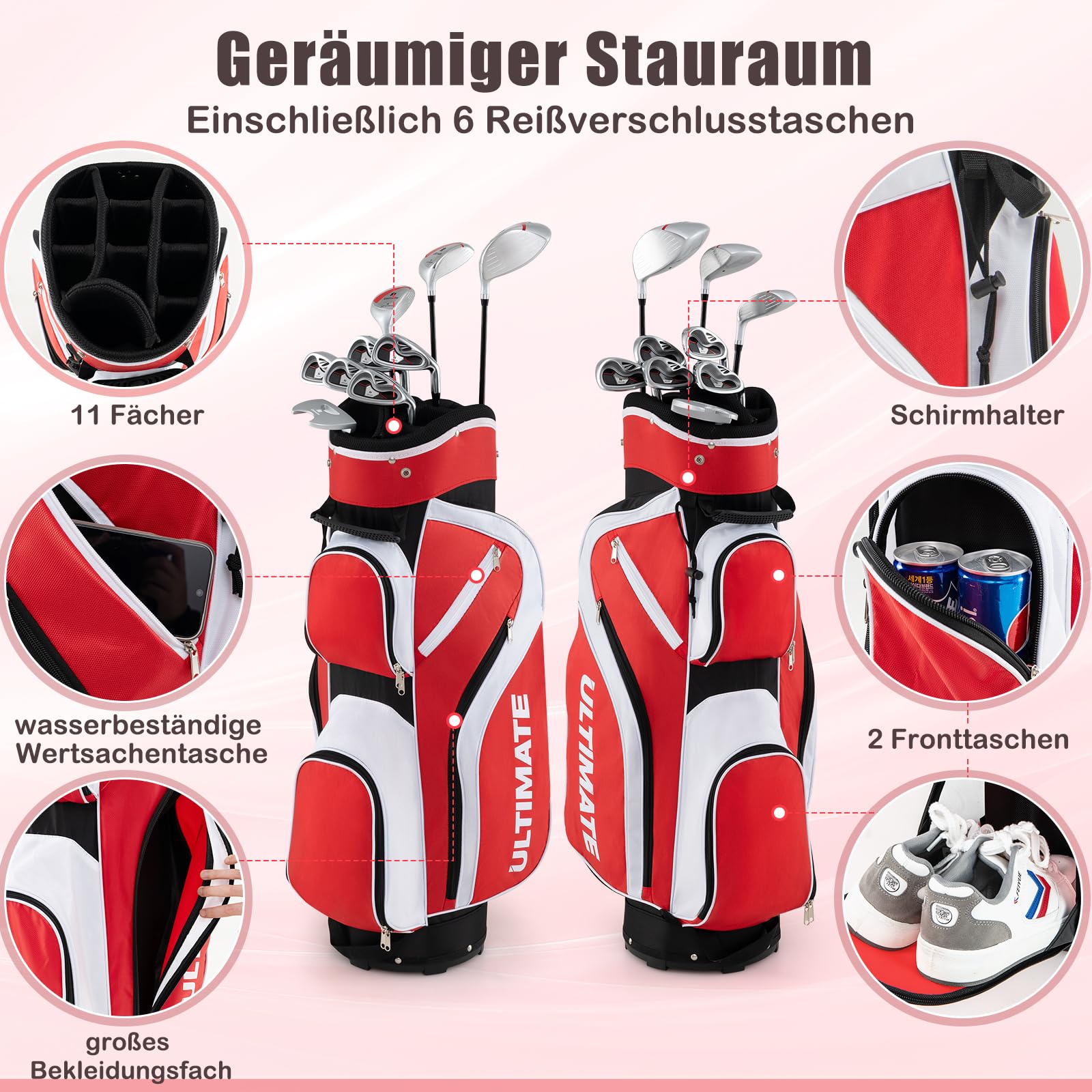 GOPLUS 10er Golfschläger Set für Frauen, Golfschlägersätze inkl. 460cc 1# Alloy Driver, 3# Fairway Wood, 4# Hybrid, 6-9# Eisen, 1 Putter & Standtasche, 3 Wälder mit Kopfbedeckungen