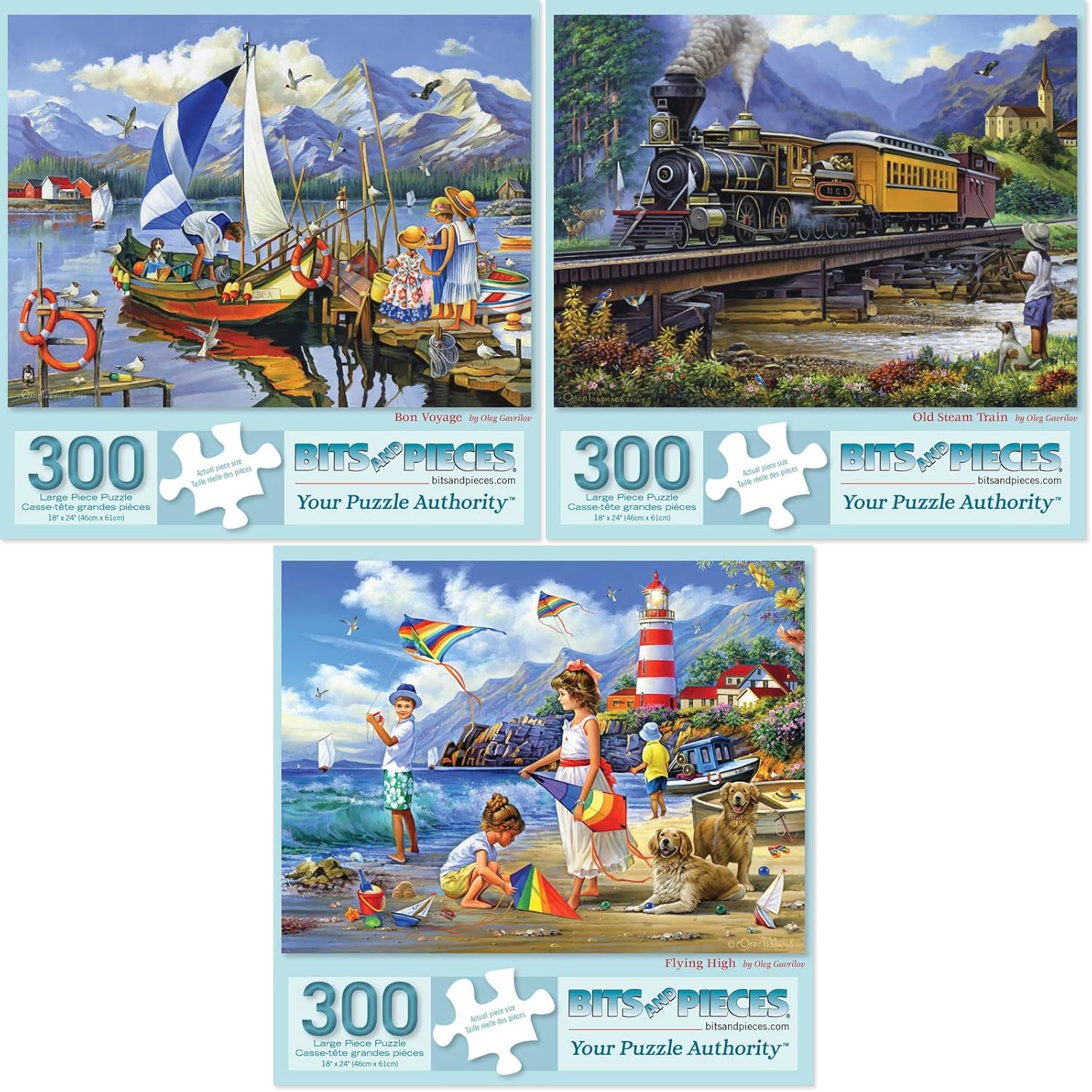 Bits and Pieces – Value Set of Three 300 Piece Jigsaw Puzzles for Adults – Old Steam Train, Flying High, Bon Voyage Jigsaw Puzzles by Artist Oleg Gavrilov, Completed Puzzle Size: 18" x 24"