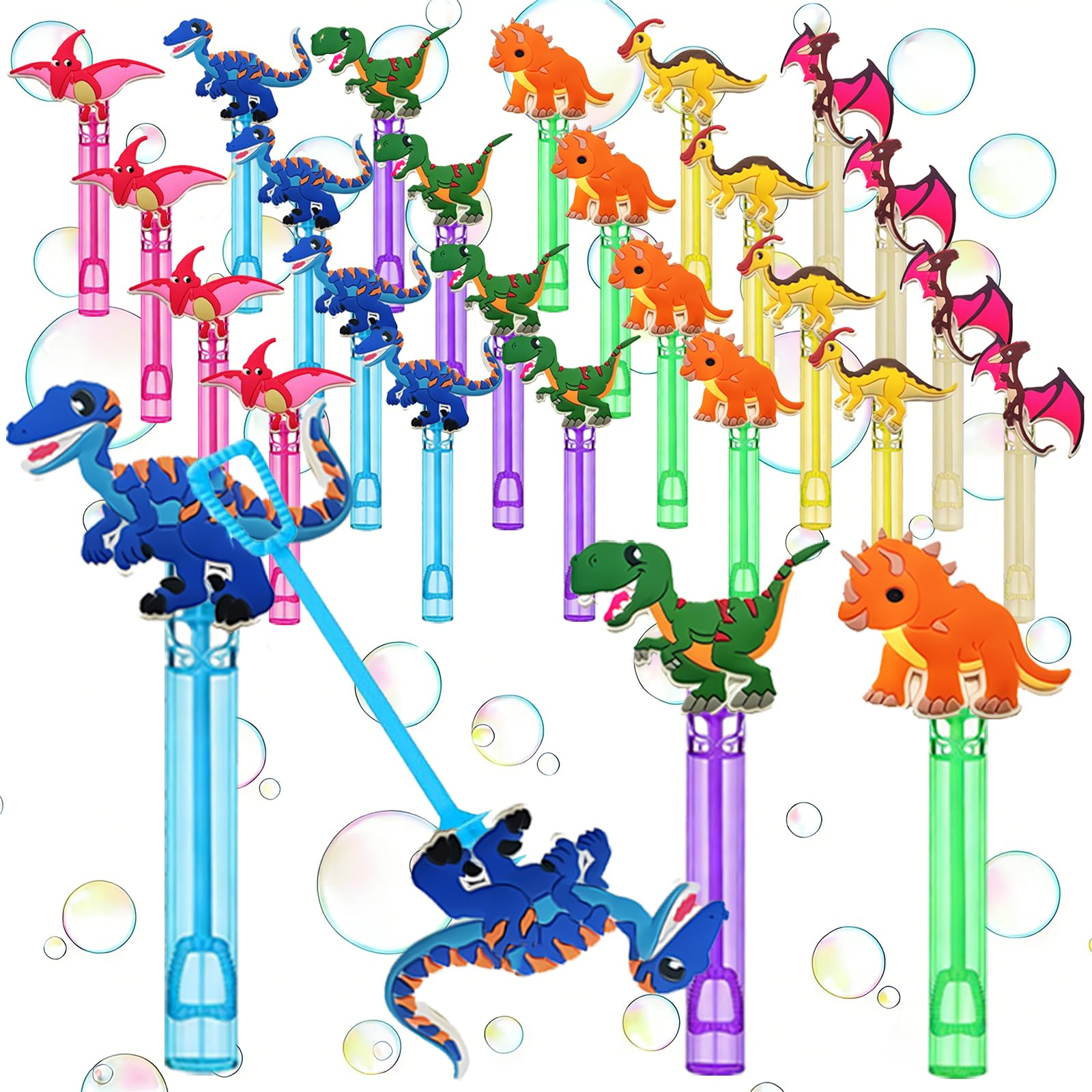 Photo 1 of 24 Pcs Dinosaur Bubble Wands - Multiple Classic Dinosaur Top Decor, Piñata Stuffers, Goodie Bag Fillers, Dino Party Favors for Prehistoric Gatherings, Jurassic Theme Decor, Outdoor Fossil Hunt Play
