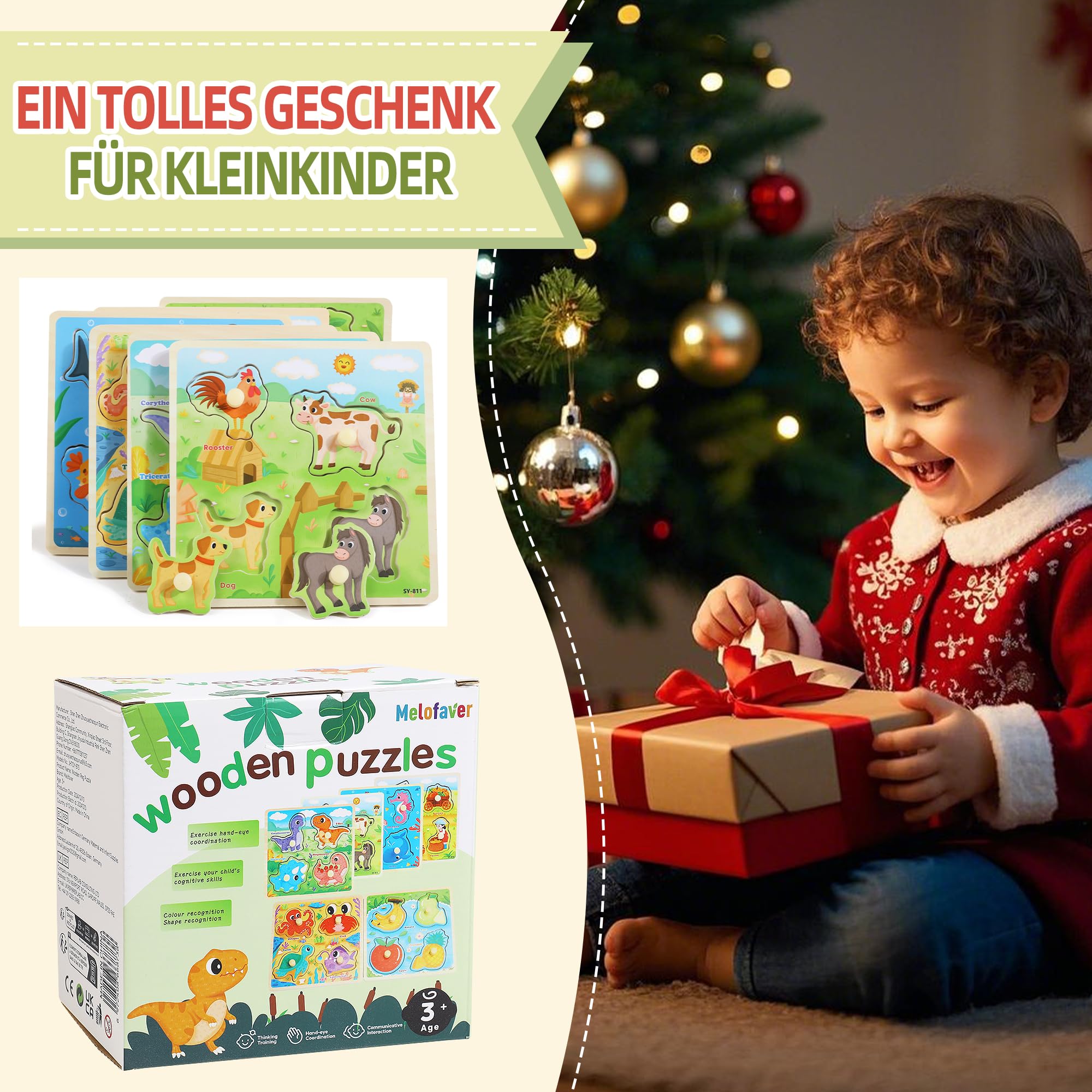 Holzpuzzle Kinder Montessori Spielzeug, Holzspielzeug Steckpuzzle Kinderspielzeug ab 3 Jahre, Lernspiele Puzzle - Dinosaurier, Bauernhof, Bauernhof-Tiere, Meerestiere, Obst, Jungen Mädchen Geschenke