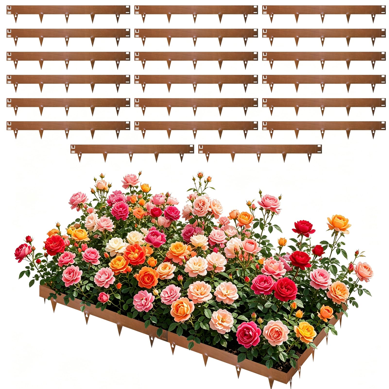 Borde de jardín de acero corten flexible (20 piezas, 107,5 x 20 cm, grosor 1,5 mm, borde de césped y paisajismo, sin cavar, para callejón, macizos de flores, césped