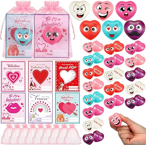 Halloscume 72 unidades de bolas de estrés de corazón de San Valentín a granel con bolsas de organza y tarjetas de San Valentín para aliviar el