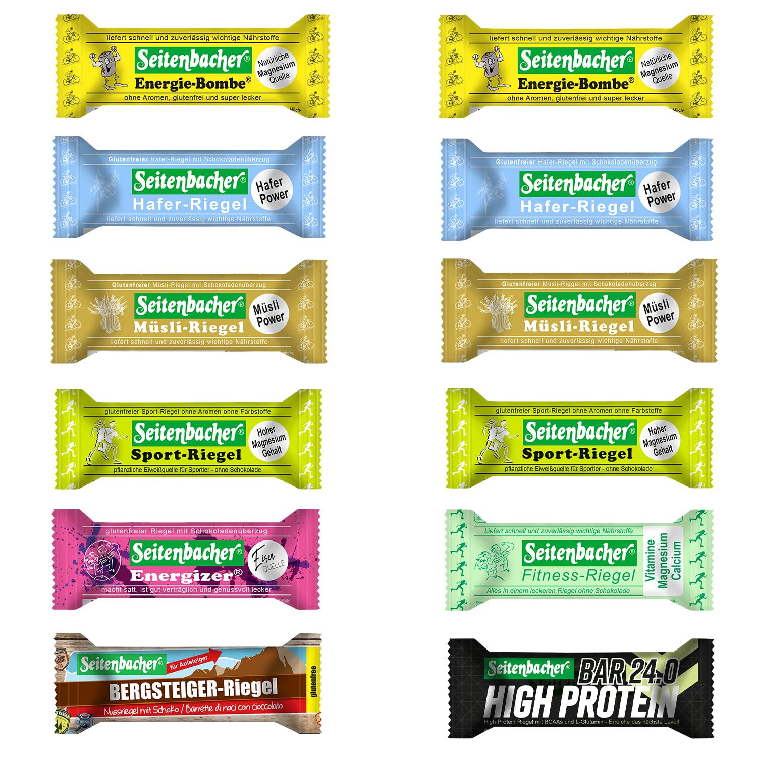 Seitenbacher 12er Pack Energie Riegel I Bergsteiger I Energiebombe I Energizer I Hafer I Fitness I Müsli I Sport I 24.0 I glutenfrei I ∑ 2600 kcal / 10.880 kJ (11 x 50 + 1x 70g)