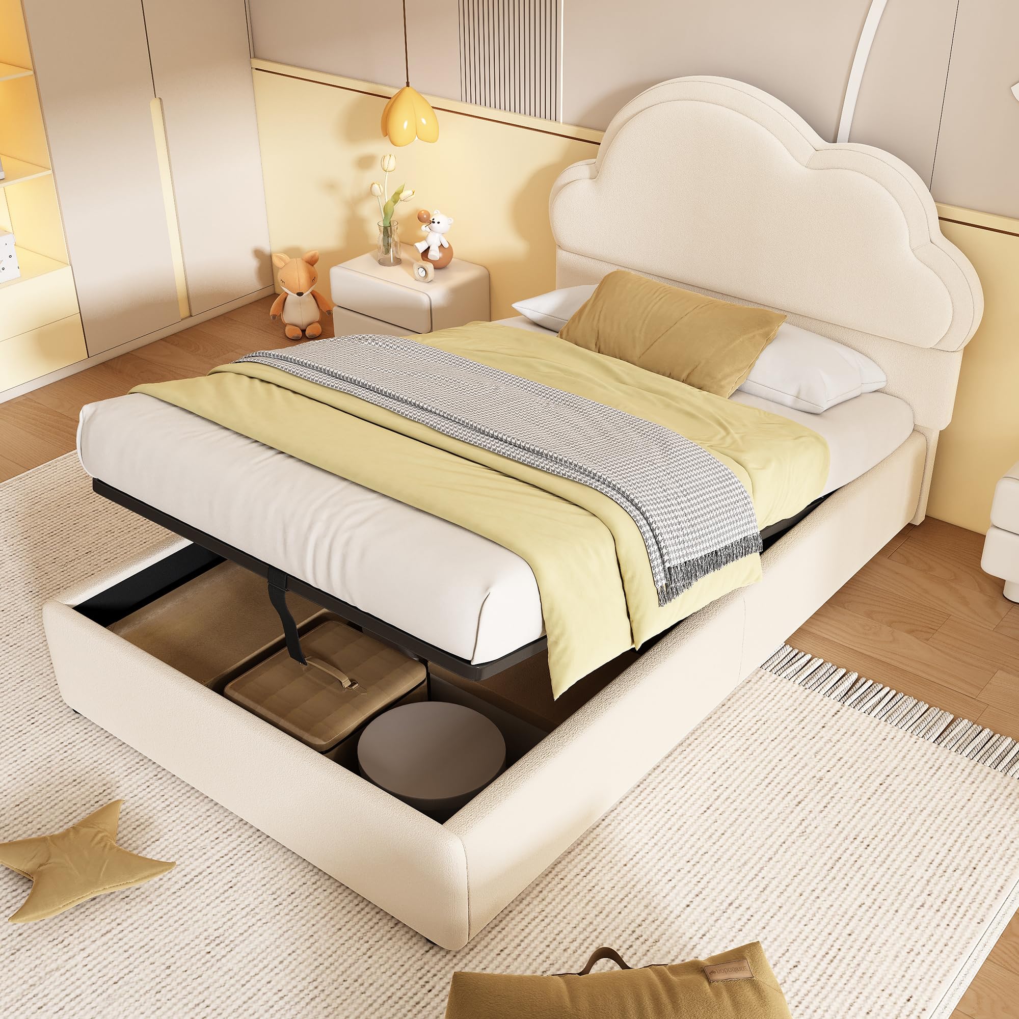 Merax Single bed frame, 3ft Single Upholstered Ottoman Bed with Hydraulic Storage, Chic Cloud-shaped Headboard, Sturdy Wooden Slat Support, Velvet Fabric (No Mattress), Beige/90 * 190CM โ image 1