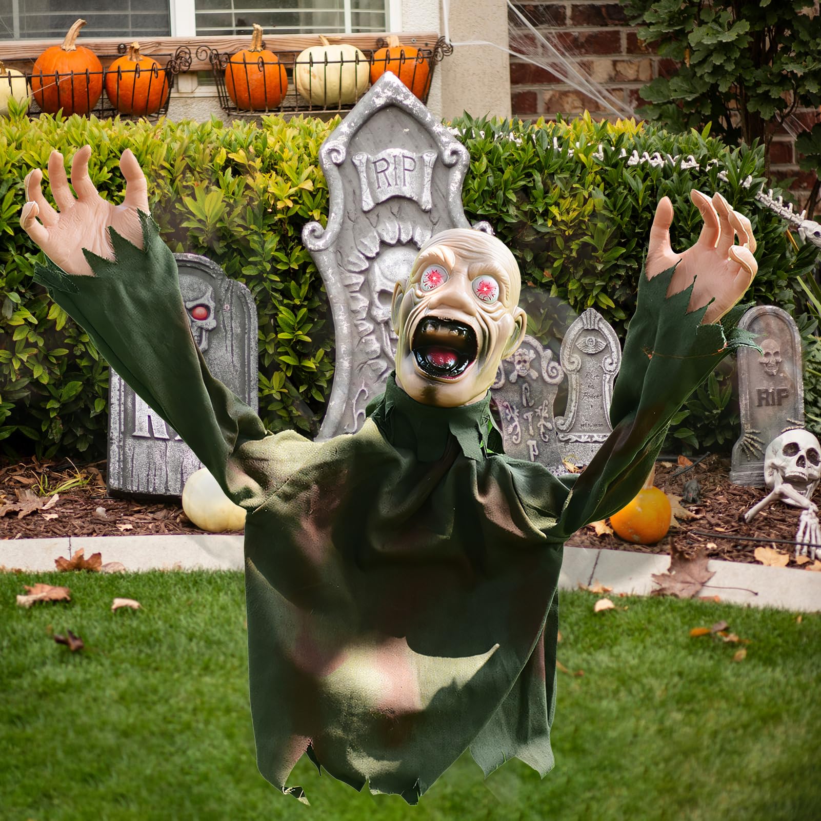 Halloween Animatronic Zombie Groundbreaker, decoración de Halloween, esqueleto zombi espeluznante con ojos brillantes y sonido espeluznante, zombi oscilante, animado para decoración de Halloween,