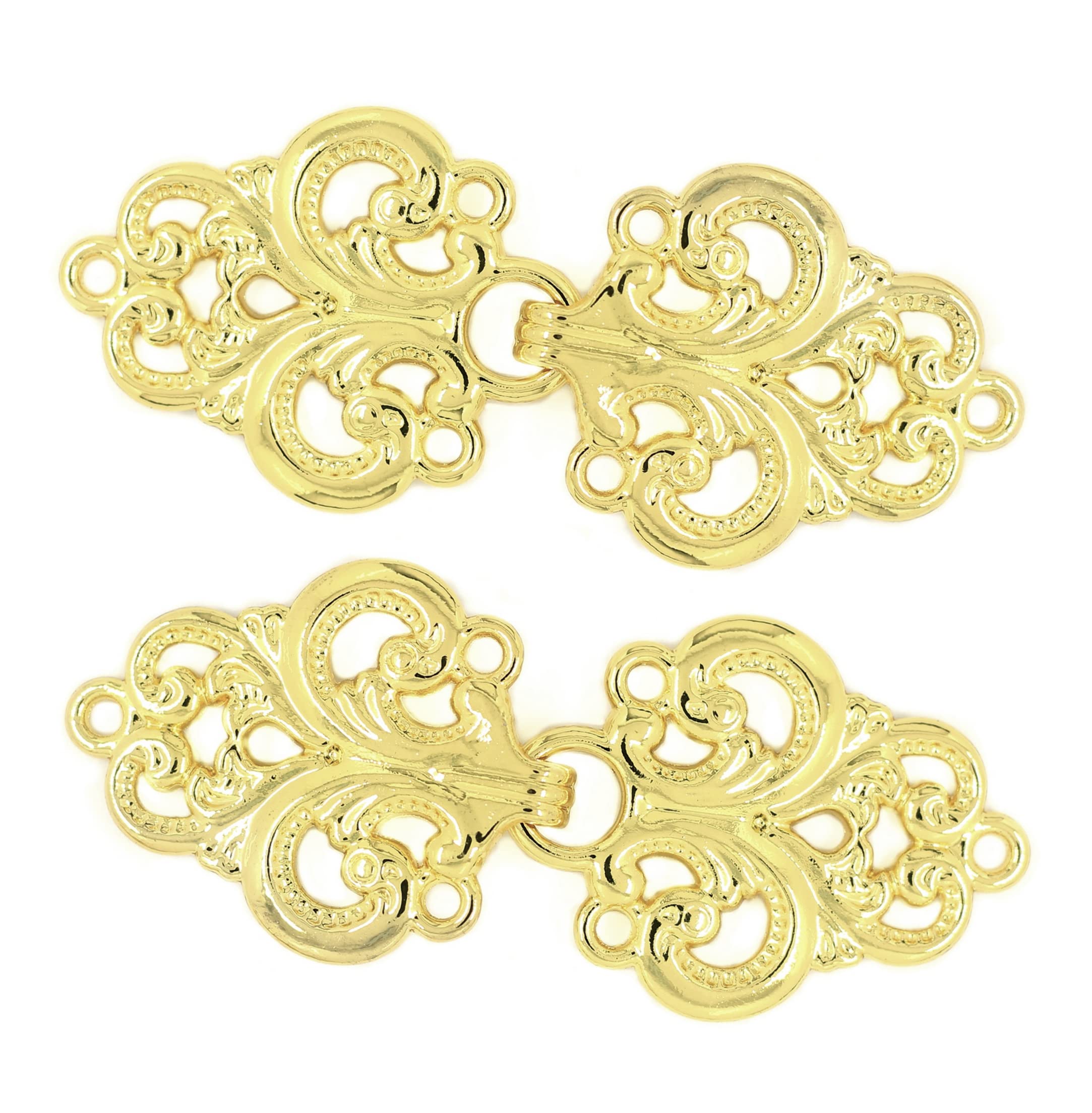 bezelry 4 Pairs Sturdy Swirl Flower Cape or Cloak Clasp Fasteners. 65mm x 28mm Fastened. Sew On Hooks and Eyes Cardigan Clip (Shiny Gold), Shiny Gold, 28mm X 65mm