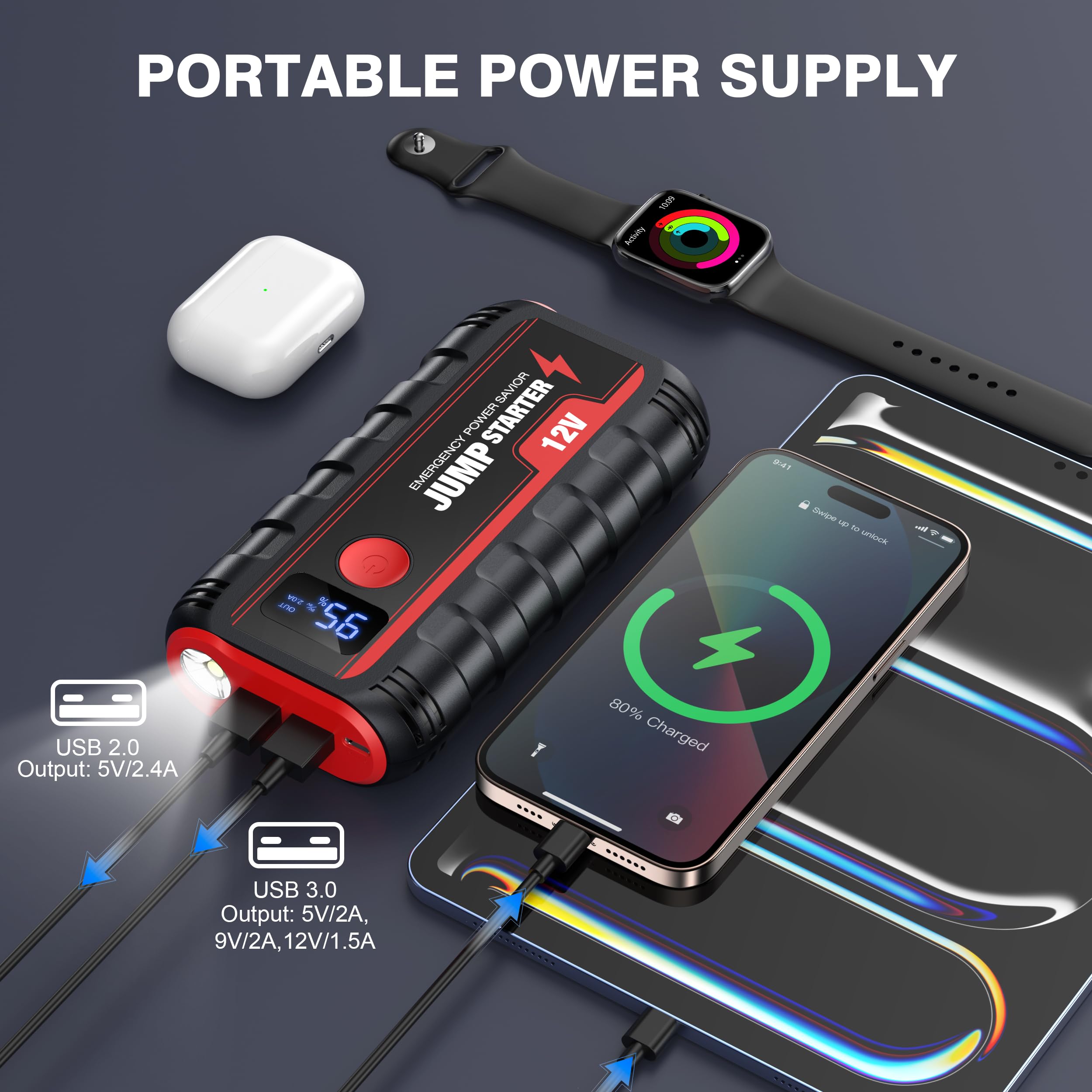 Booster Avviamento Auto Avviatore Batteria - Portatile Moto Emergenza Jump Starter Buster Professionale avviatore Motori 12 V 2000A 13200Mah Adatto per Benzina da 6L e Diesel 5L