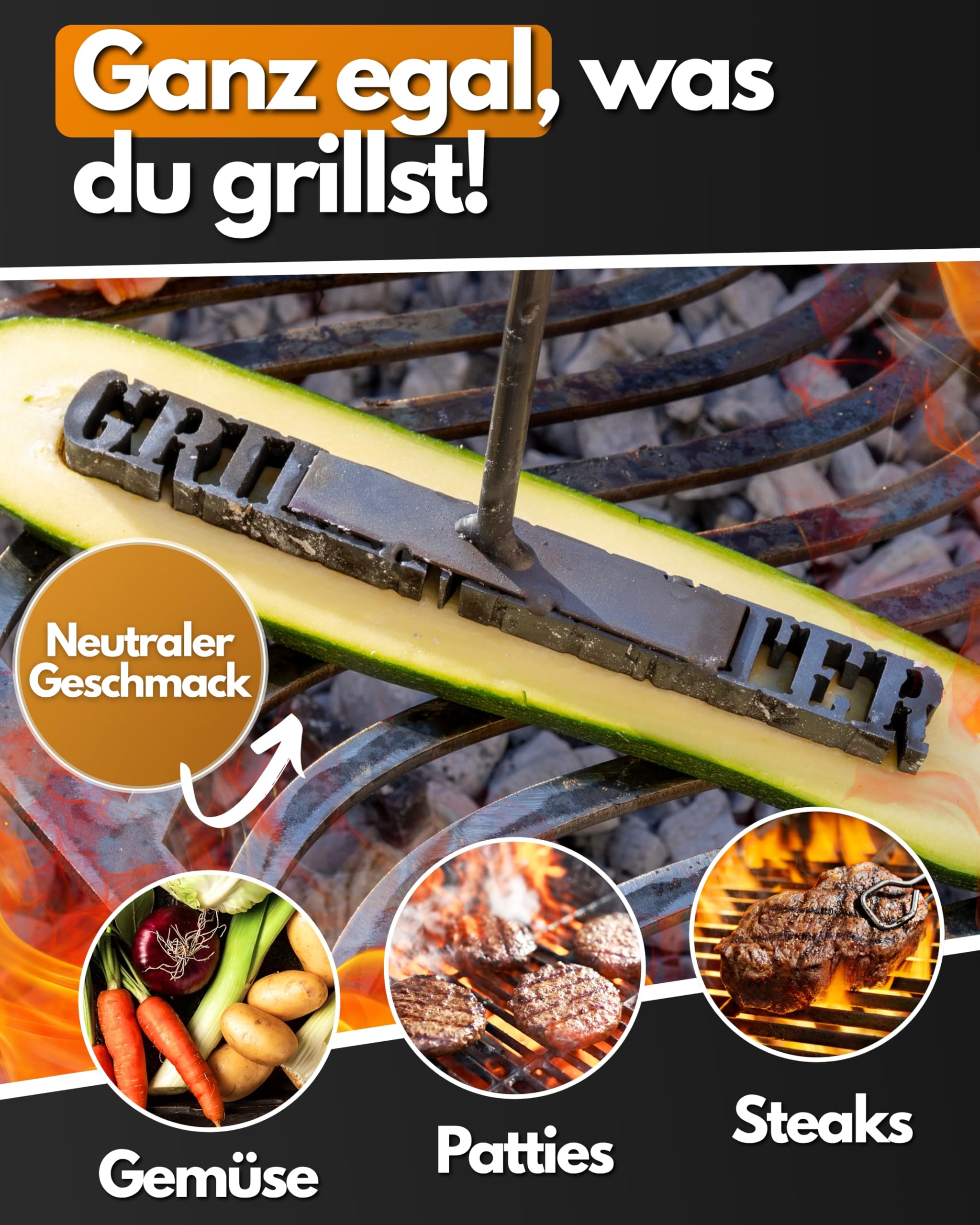 Feuerfest 123 Brennstempel mit Grillmeister-Motiv I 16,3 x 1,9 x 35 cm I Grill-Stempel aus robustem Stahl I Hochwertiger Prägestempel mit Holzgriff I Brandeisen Männer