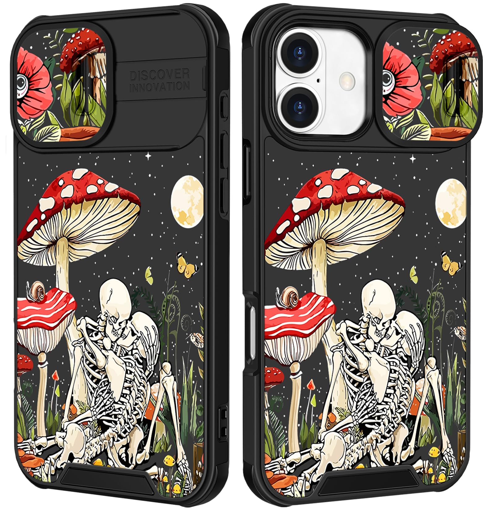 Funermei for iPhone 16 Case - Women Girls Cute Phone Cover Girly Pretty Aesthetic Mushroom Skeleton Unique Design with Camera Cover Funda for Apple for iPhone 16