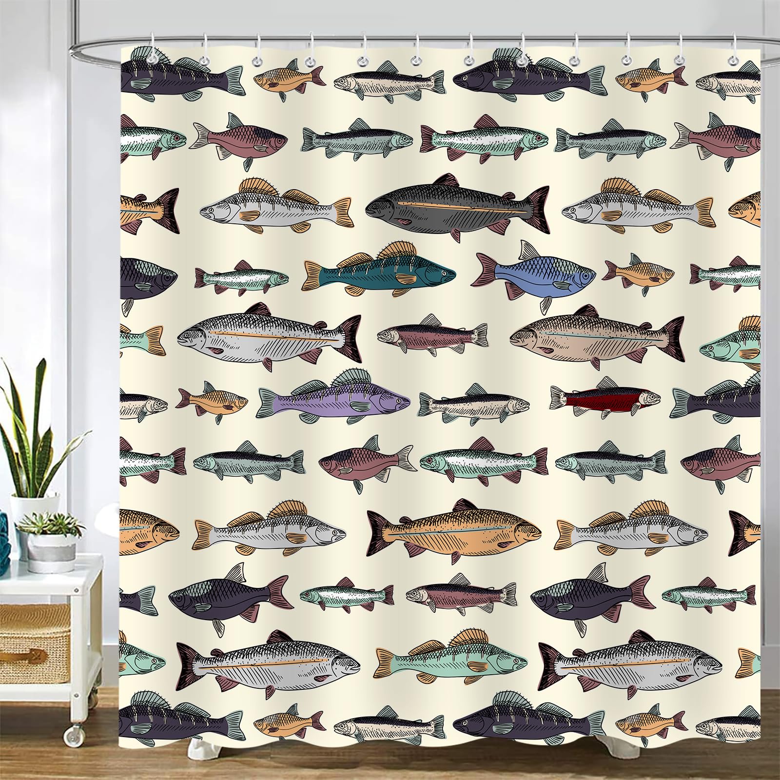 Emwnodti Fish Shower Curtain, Blue Vintage Fishes Drawing Salmon Trout Fishing Bath Curtain Decor, Cartoon Lake Fish Waterproof Shower Curtian