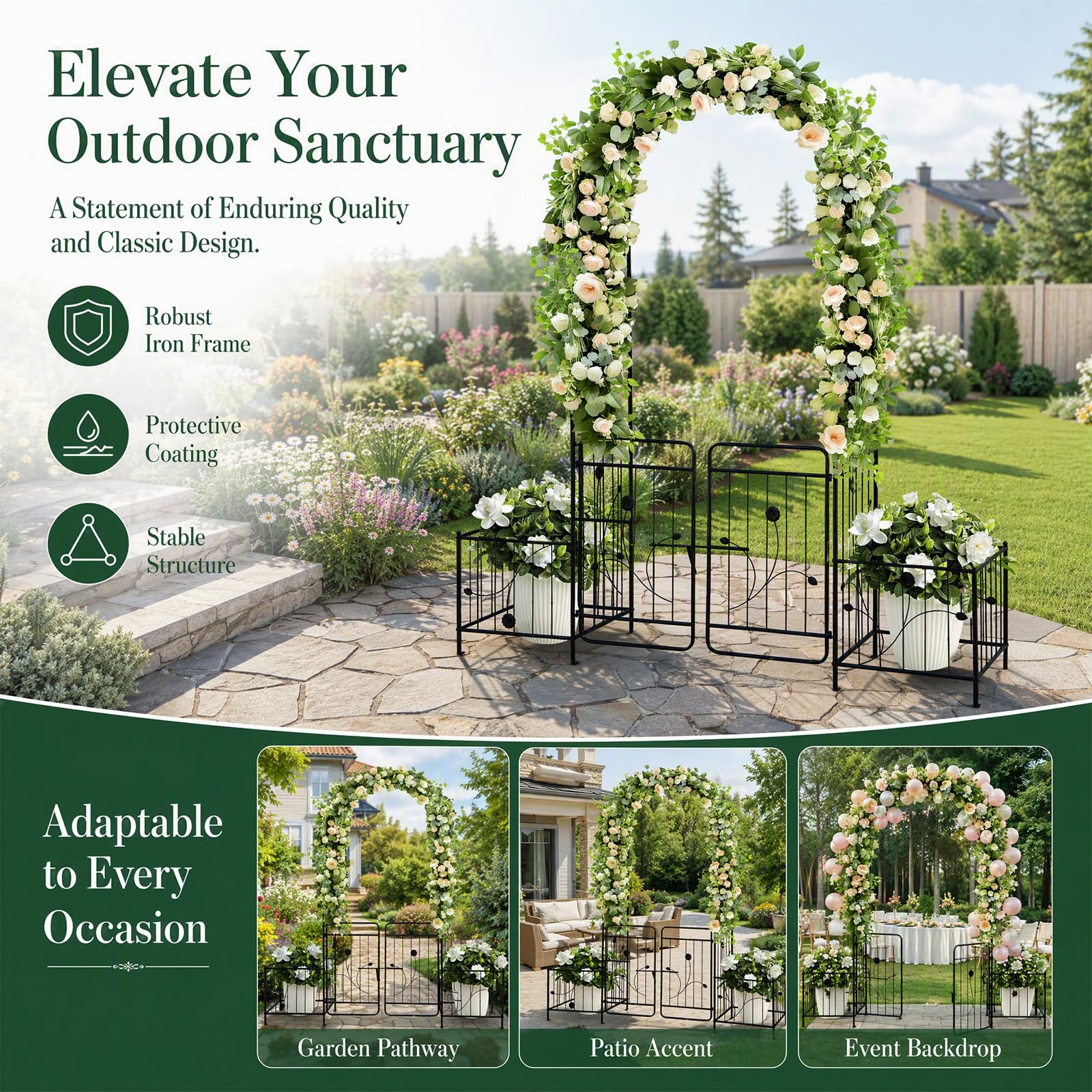 Arco per rose con cancello, 220 cm, in metallo, arco da giardino con