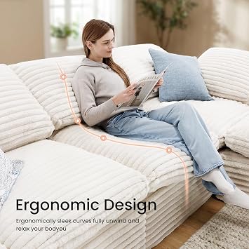 KKL 150 Modular Sectional Sofa, Cloud Sectional Couch U-Shaped with Ottoman, Corduroy Boneless Couch for Living Room Bedroom, Deep-Seat Upholstered Modular Cloud Sofa, No Assembly Required, Beige