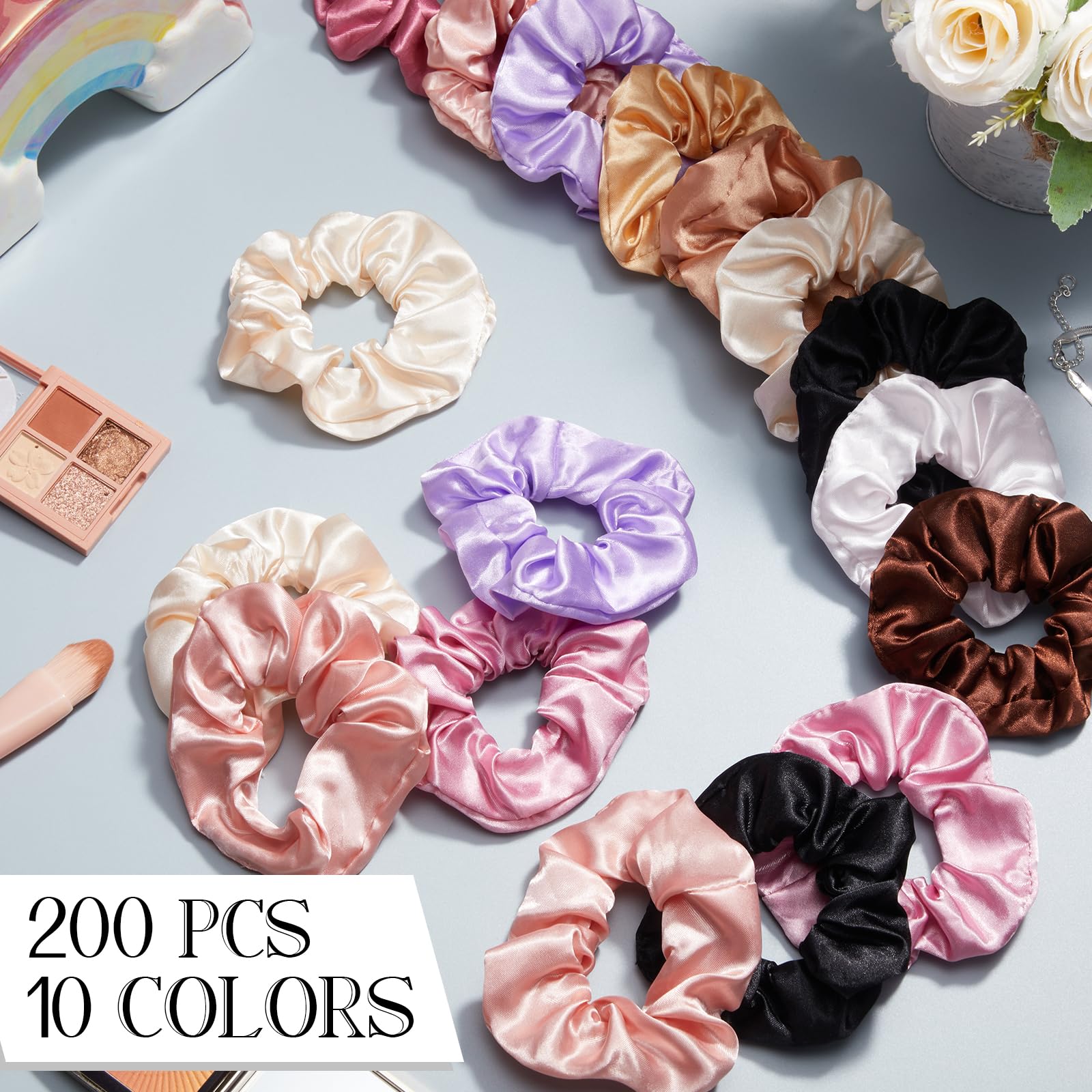 Hoteam 200 bandas elásticas de satén para el pelo a granel para soporte de cola de caballo, color sólido, bandas elásticas para el cabello, para mujeres, adolescentes, regalo de cumpleaños (color