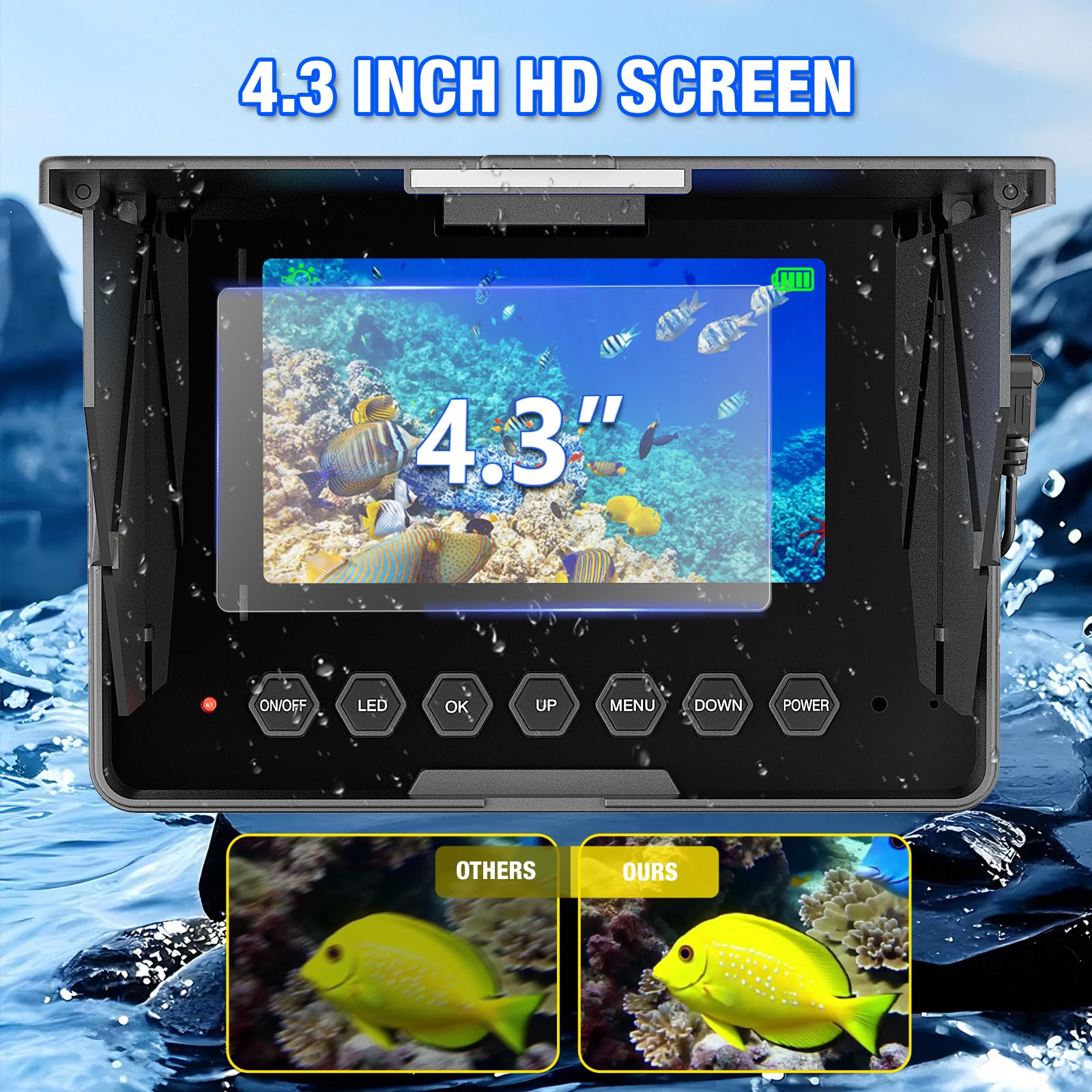 Fishfinder con Pantalla IPS de 4,3” Cámara de Pesca Submarina con Visión Nocturna, Localizador de Peces IP68 Impermeable, Batería 8500mAh, Portátil 1200TVL HD para Pesca en Hielo, Lago y Mar