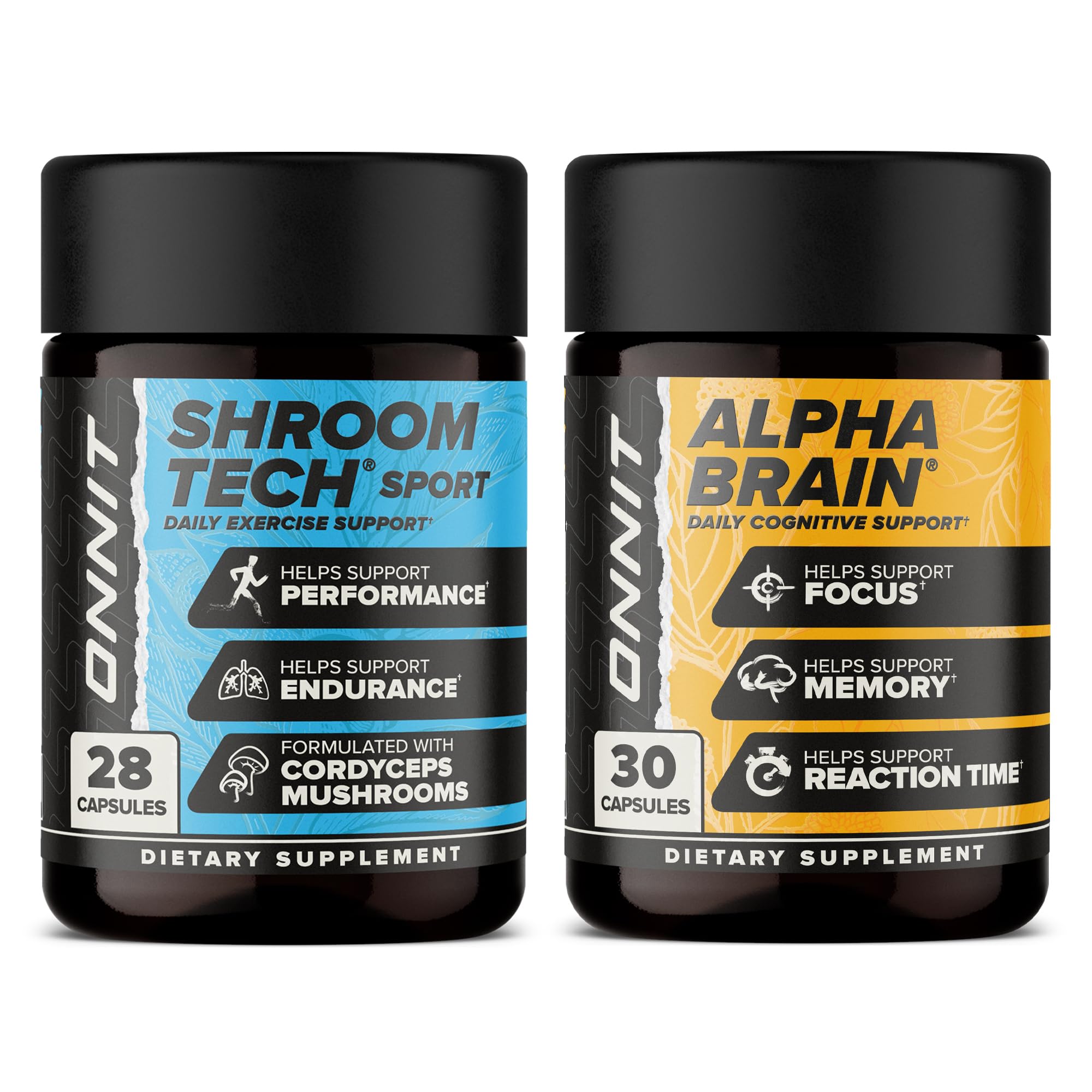 ONNIT Premium Alpha Brain Bundle - Nootropic Brain Supplement (30 Count) for Focus, Concentration & Memory + Shroom Tech Sport for Exercise, Energy & Cardiovascular Performance (28 Count)