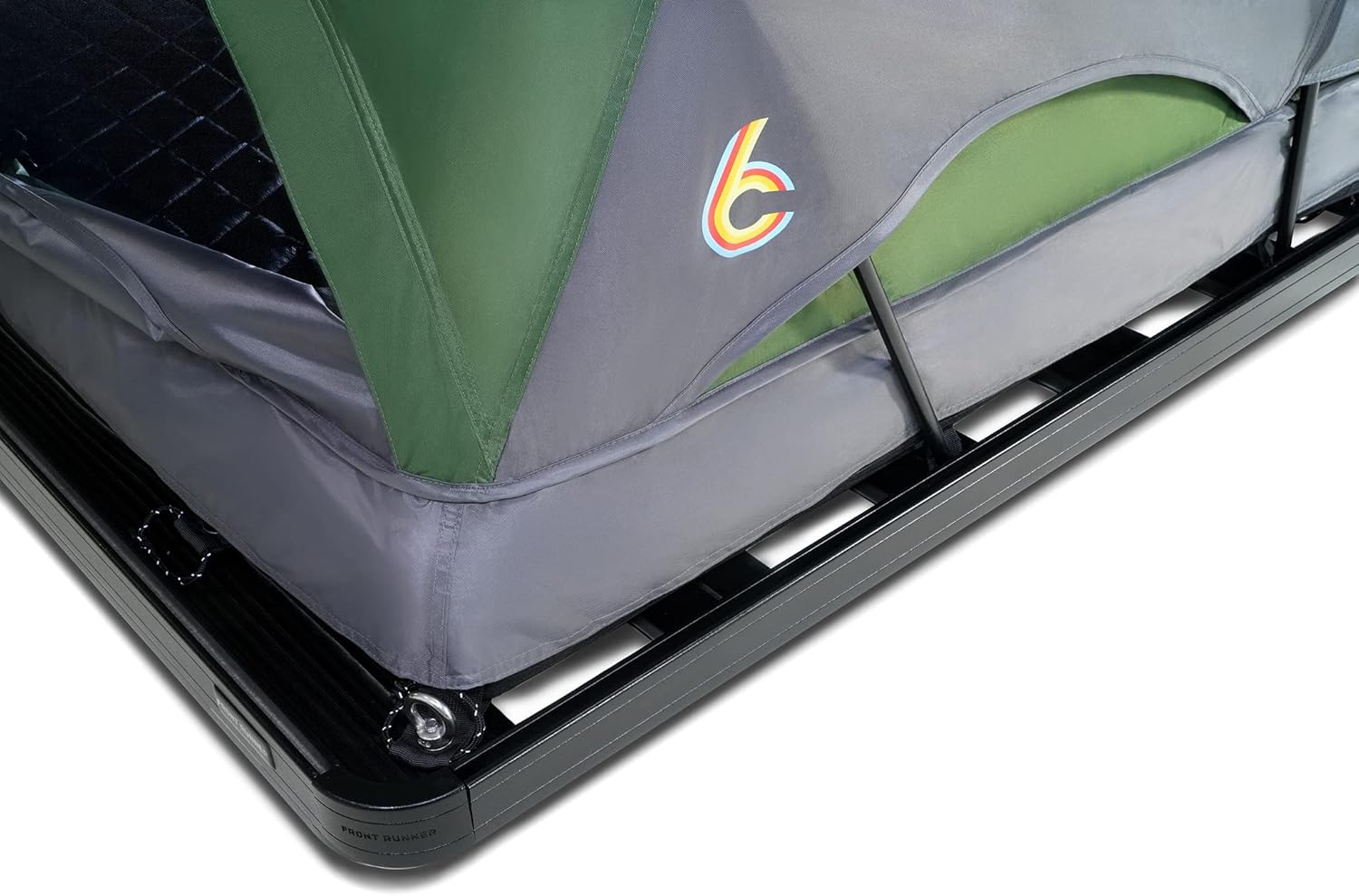 Close-up of C6 Outdoor REV Rack Tent base secured to a roof rack