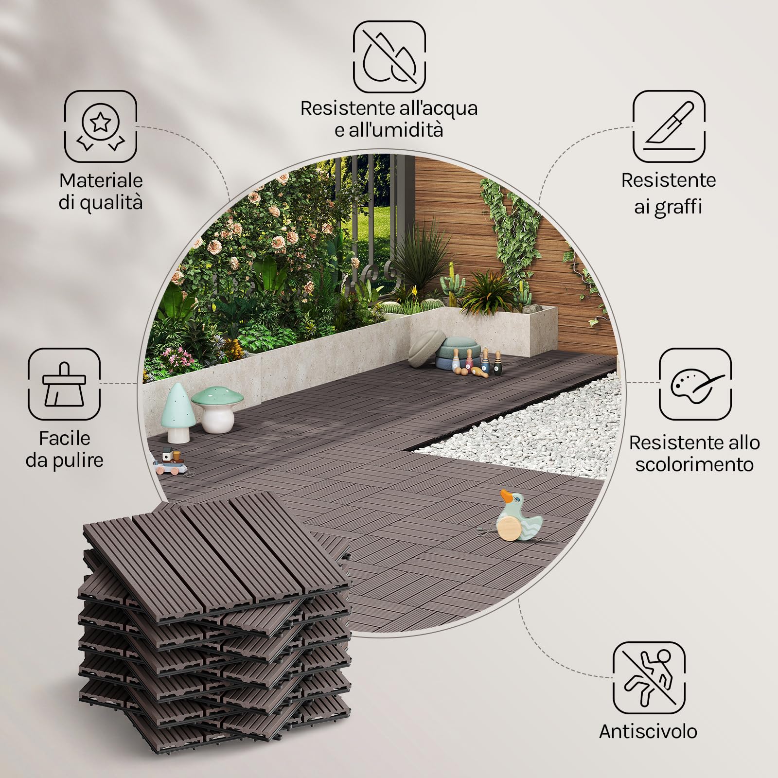 WOLTU Piastrelle per Pavimenti da Esterno Balcone/Giardino/Terrazza Pavimentazione ad Incastro in WPC, Legno Composito, con 22 Pannelli da 30x30 cm Caffè