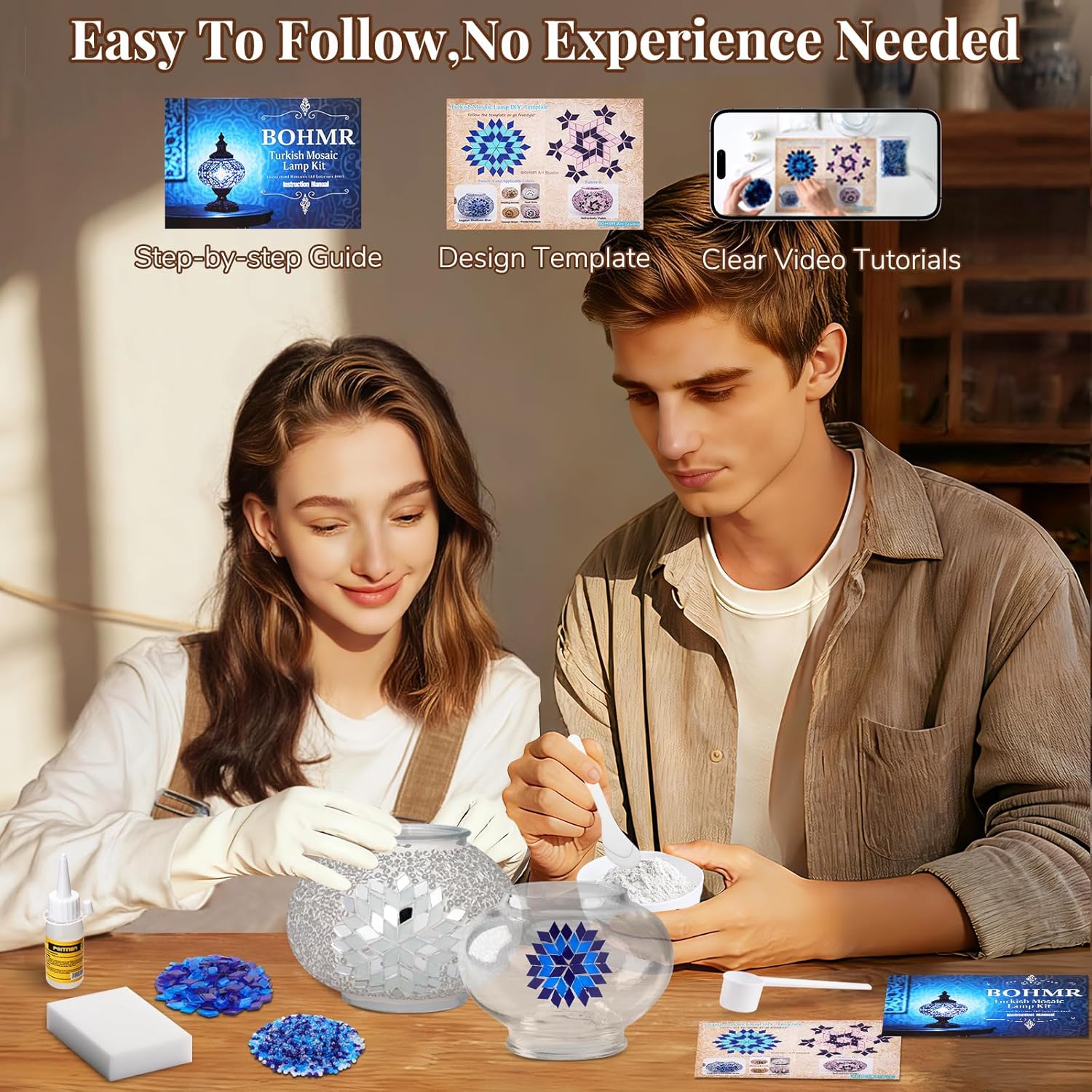 DIY Turkish Mosaic Lamp Kit, Stained Glass Table Lamp Making Kit- Easy and Fun, No Experience Needed, Mosaic Art & Craft Project Kits for Adults & Teens, Make Your Own Table Lamp,White