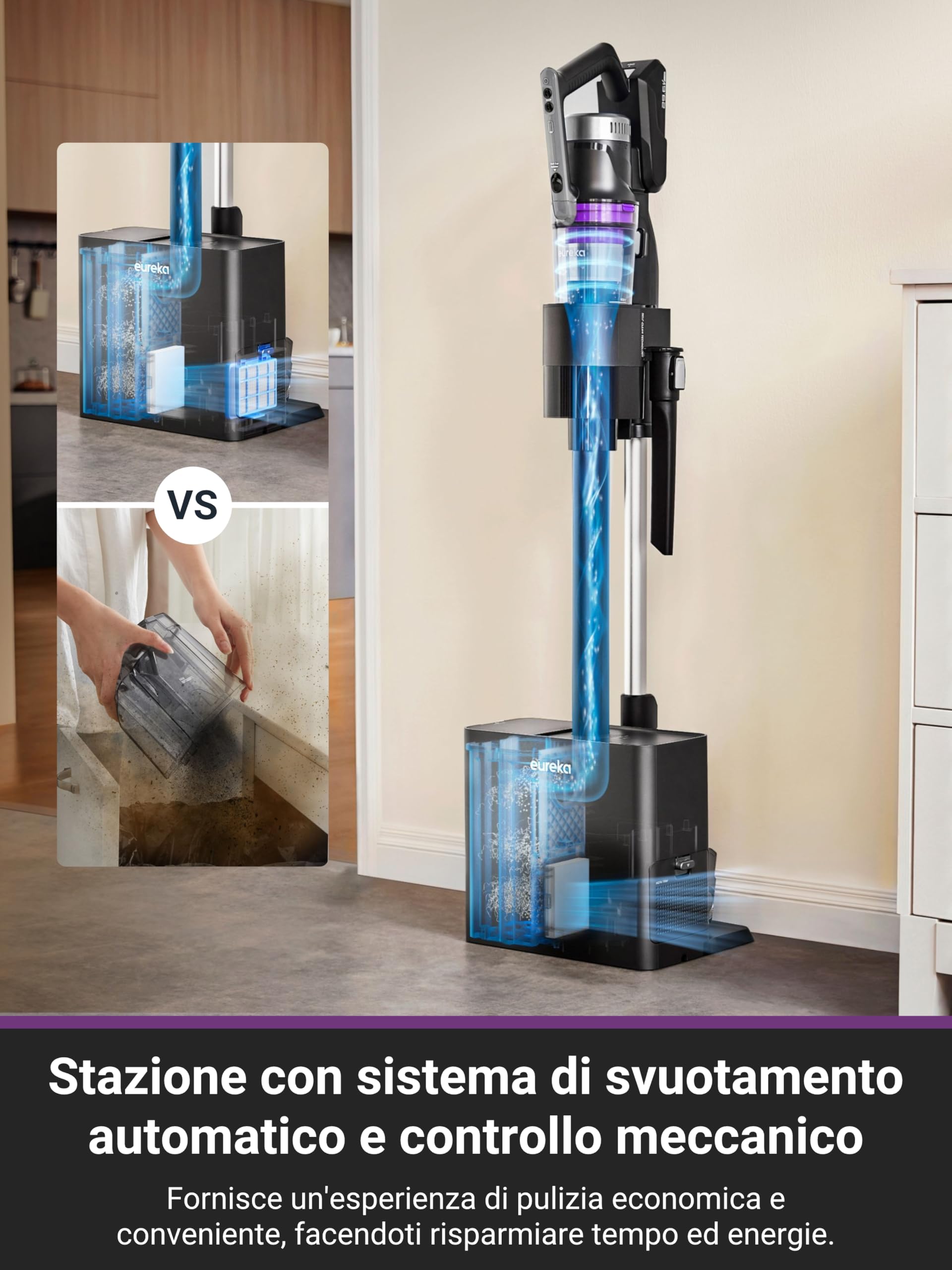 Eureka Stylus Elite Aspirapolvere Senza Fili con Stazione, 24000Pa, Svuotamento Automatico, Sacco 3L, Autonomia 60 Min, Spazzola Antigroviglio, LED, Batteria Rimovibile, Motore BLDC