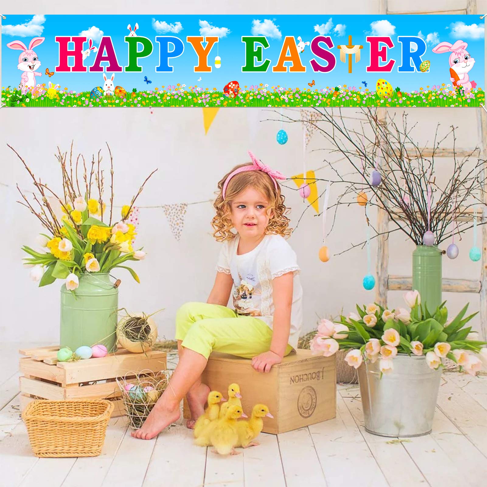 HOWAF Happy Easter Banner voor Pasen Party Decoratie, lange stof Pasen