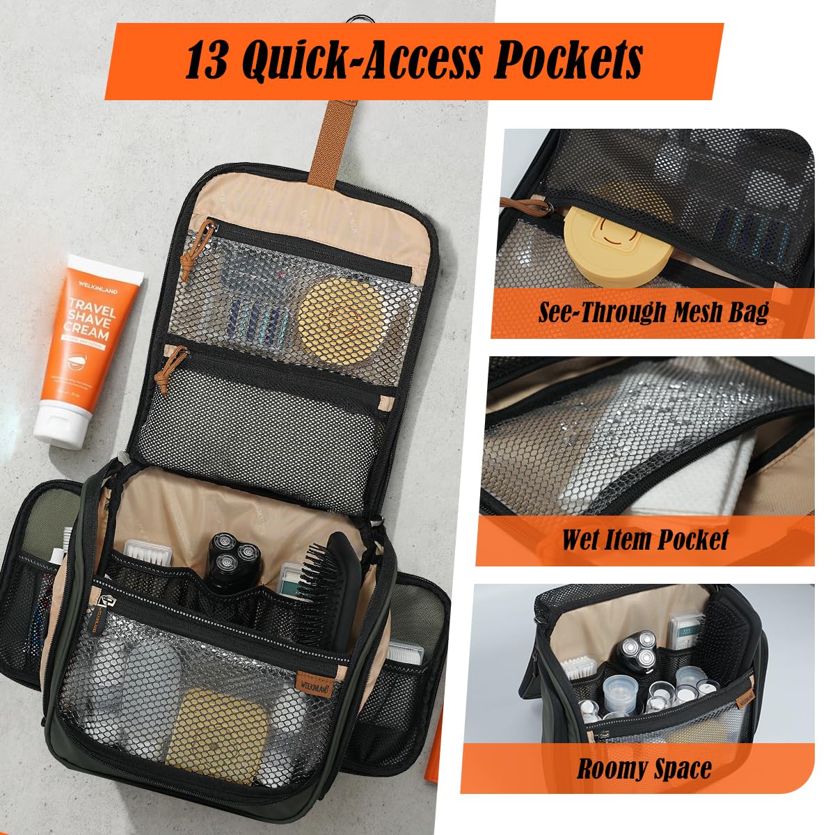 WELKINLAND Neceser colgante de 13 bolsillos, bolsa de aseo impermeable para hombre, kit de viaje grande para hombre, bolsa de viaje para baño, bolsa de viaje totalmente abierta para hombres, bolsa de