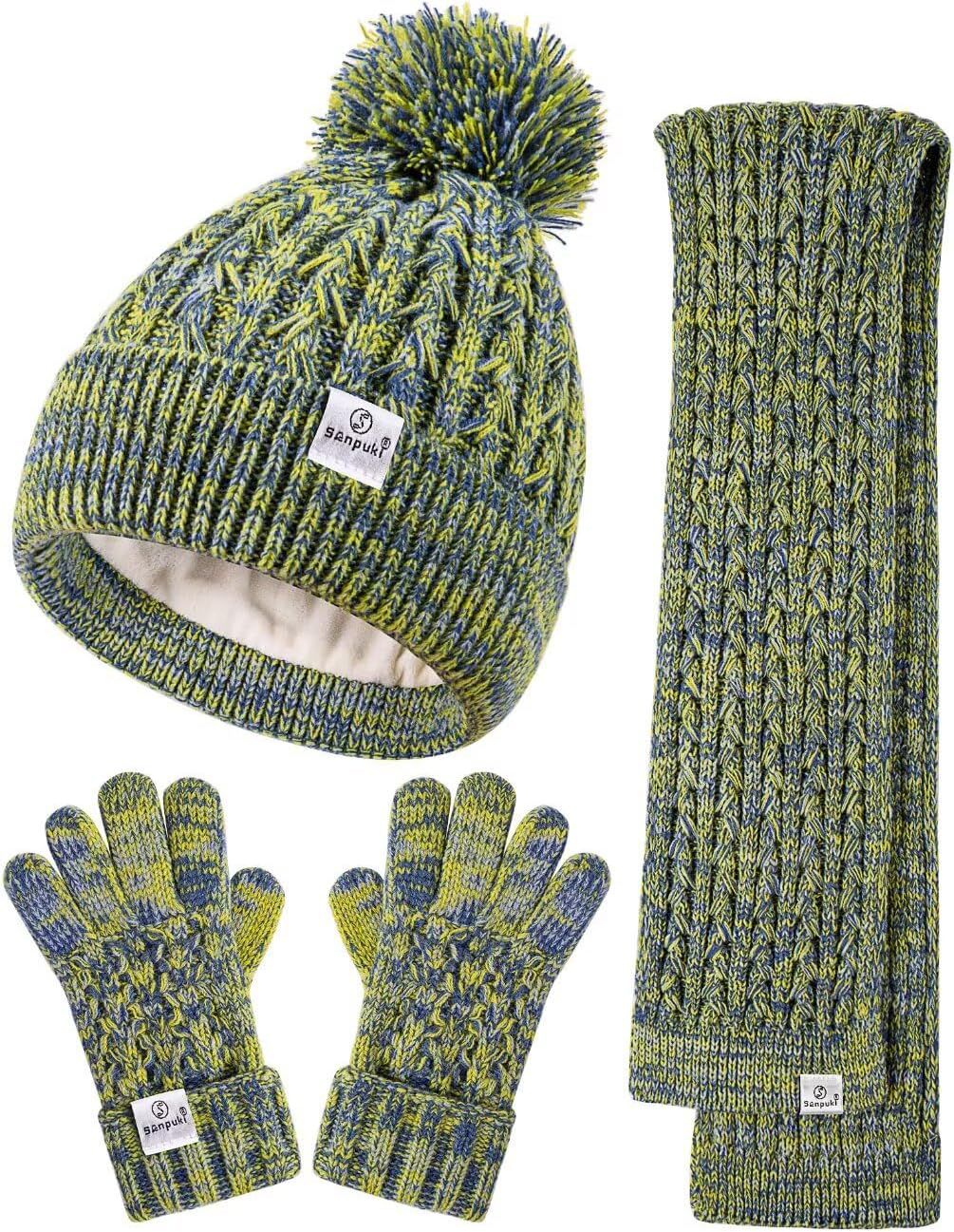 Kids Winter Hat Gloves Scarf Set,Girls Toddler Winter Hat Beanie with Pom Neck Warmer Gaiter Mittens Fleece Lined Set