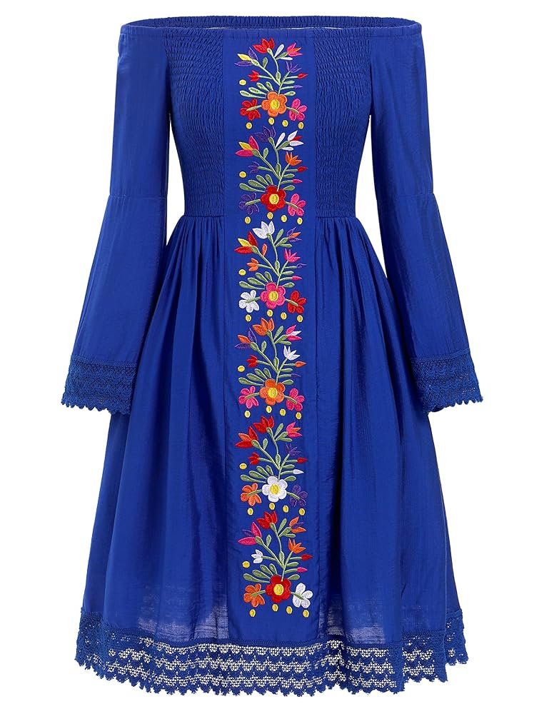 ABEHIK Womens Traditional Mexican Embroidered Dress Off