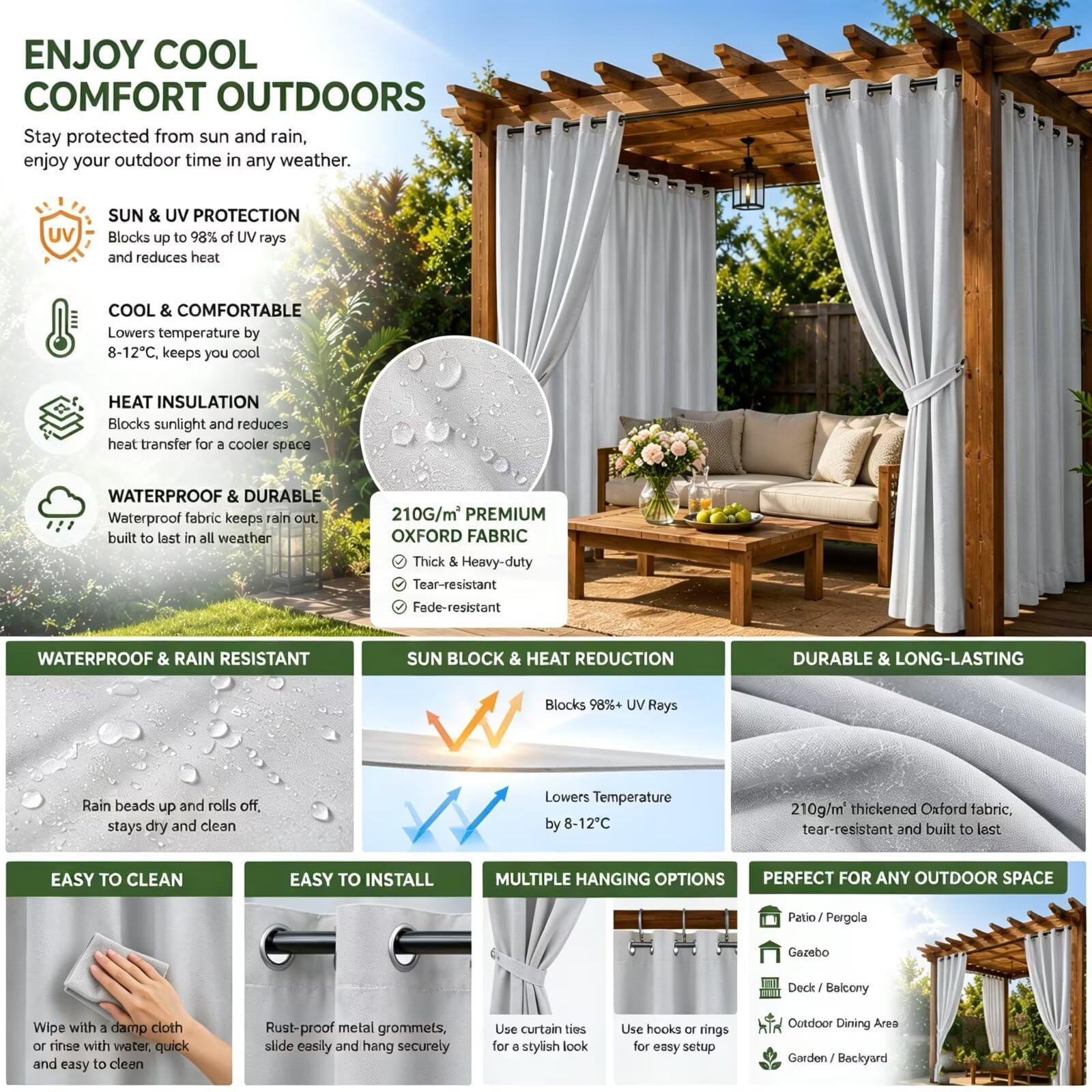 Rideau Thermique Extérieur pour Pergola et Balcon H241 x W355cm Gris