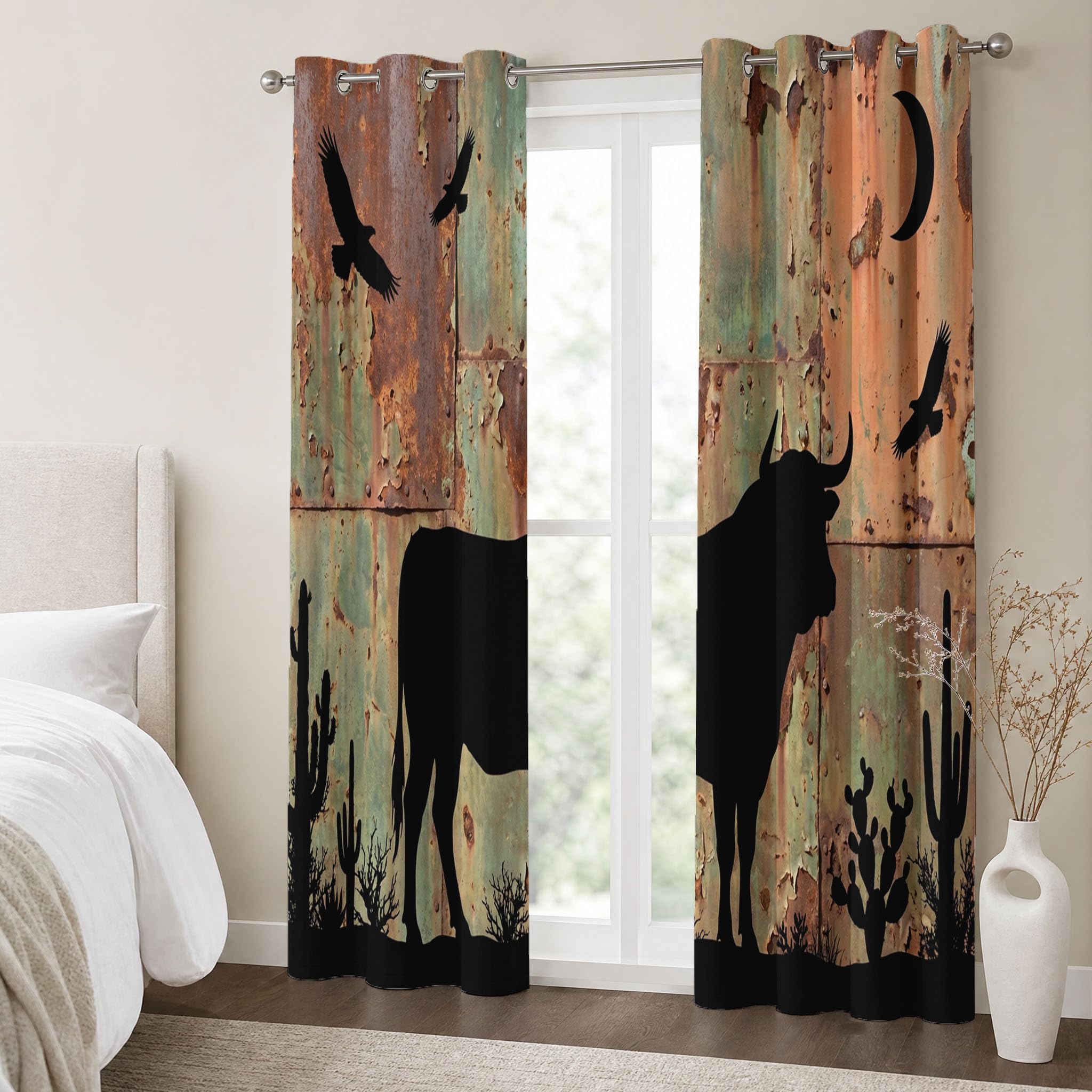 Pflanzenhirsche Vorhänge, Western Country Style Vorhang Blickdicht Thermo Mit Ösen - Rostrot Gardinen Wohnzimmer Schlafzimmer Fenster - H214 X B91.5 cm (2Er Pack)