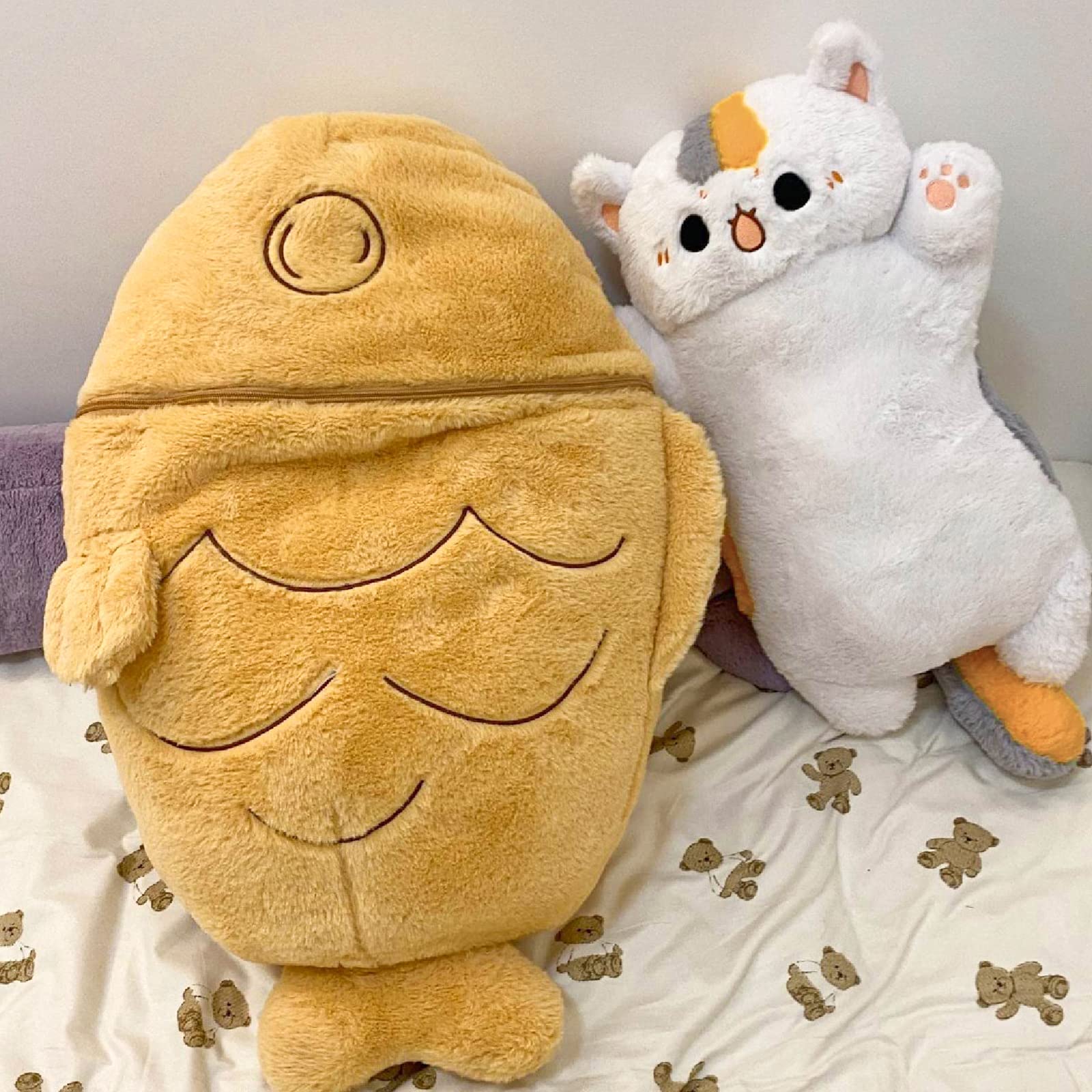 shownicer Peluche gato peluche gatito pez 2 en 1 de peluche Kawaii gato cojín de peluche juguete cojín de lanzamiento regalo para niños niñas 3+ años (80 cm)