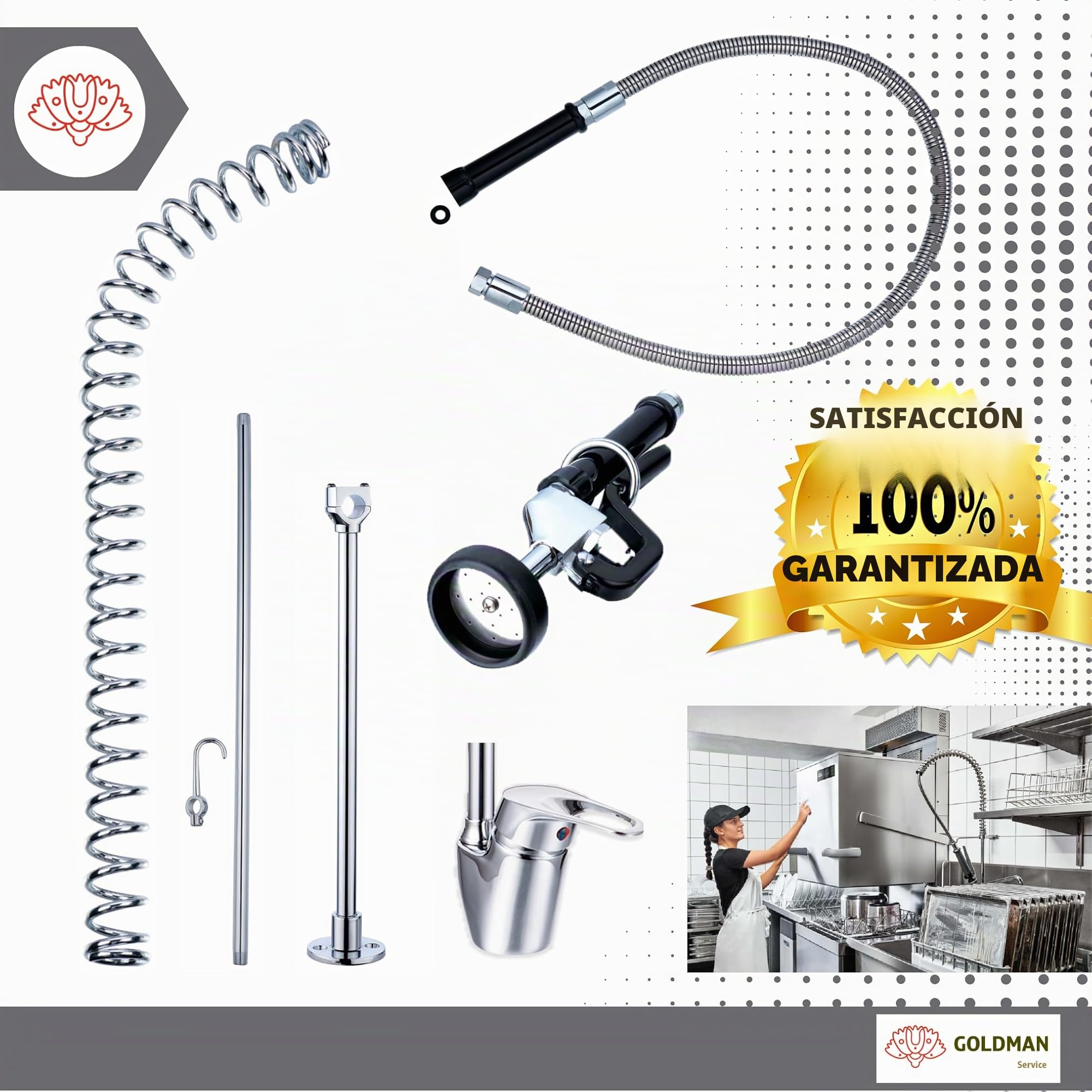 GOLDMAN SERVICE Grifo Industrial Hostelería Monomando Extensible para Fregadero Lavabo de Cocina, Manguera Flexible y Alcachofa con Potente Spray Pulverizador