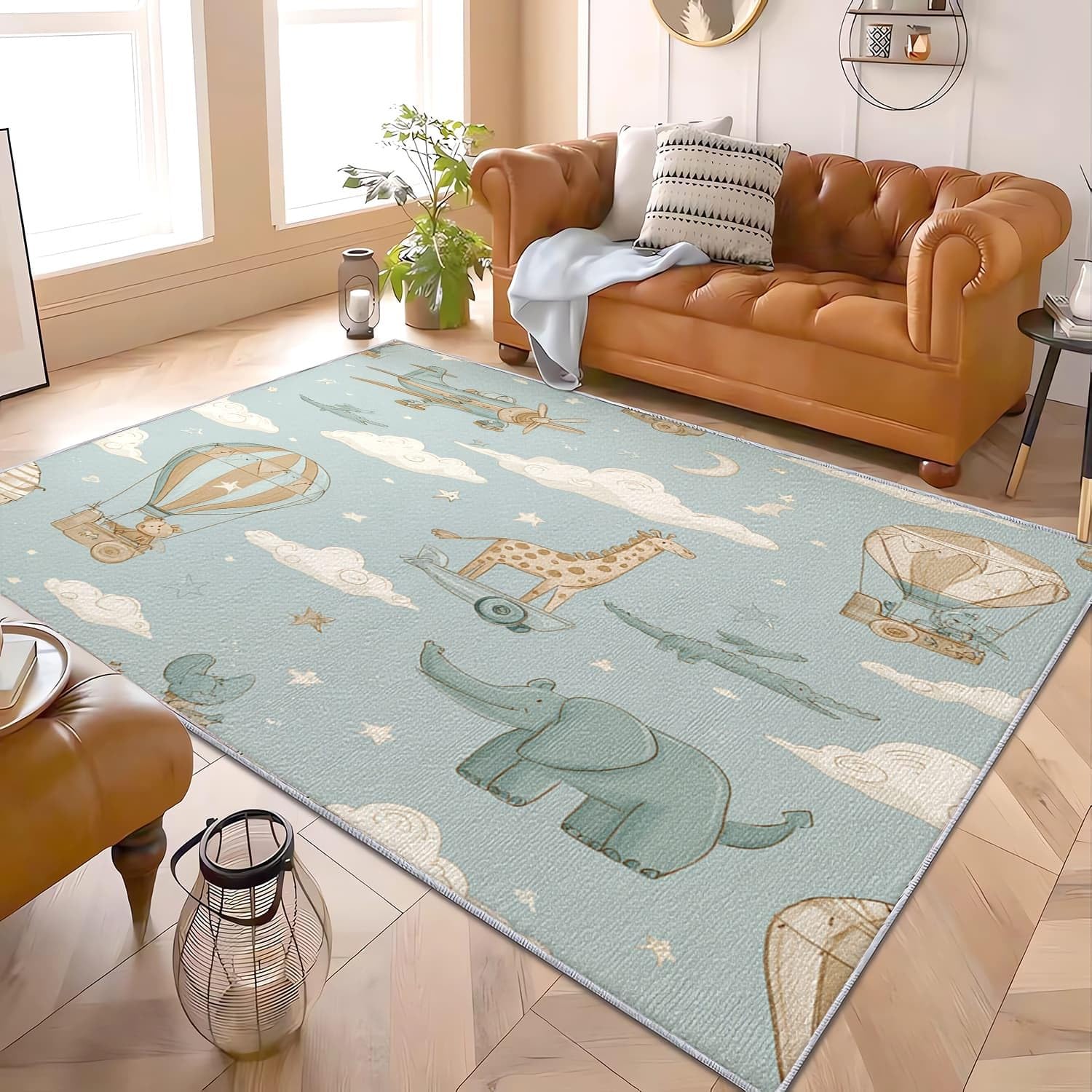 80x150 cm Alfombras Dormitorio Dibujos Animados Aventura Animales Sin Despren dimiento Moderna, Suave y Esponjosa Alfombra Azul Claro Antideslizante Lavable, ideal para salón, Dormitorio o pasillo