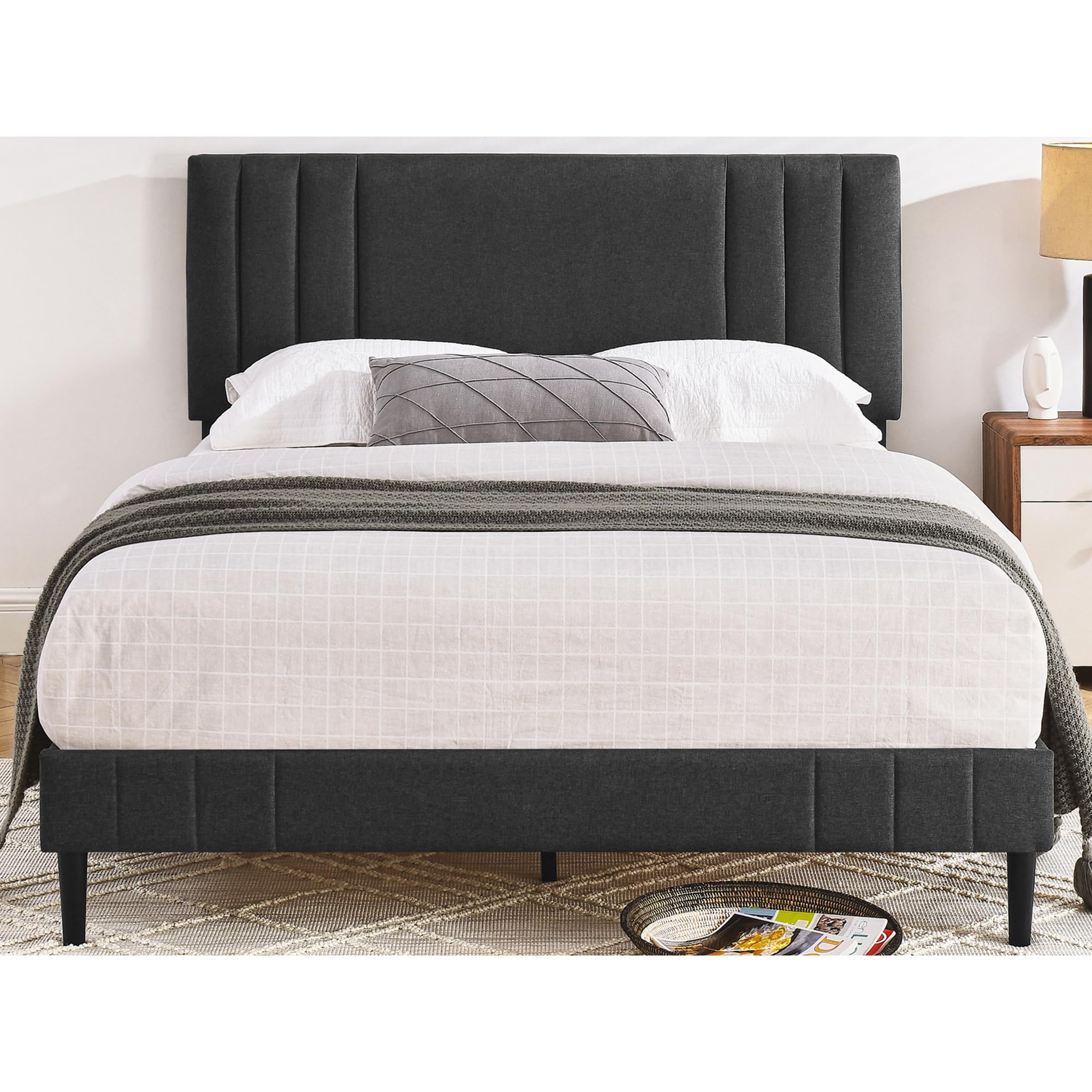 Decoro Chicago Modern Tufted Upholstered Platform Full Size Bed Frame, Dark Grey