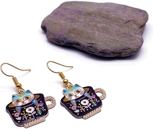 Miniatura 7 de Cat Earrings - Super Cute Kitty in a Teacup Enamel Charm Beads on Nickel Free Hooks  38mm