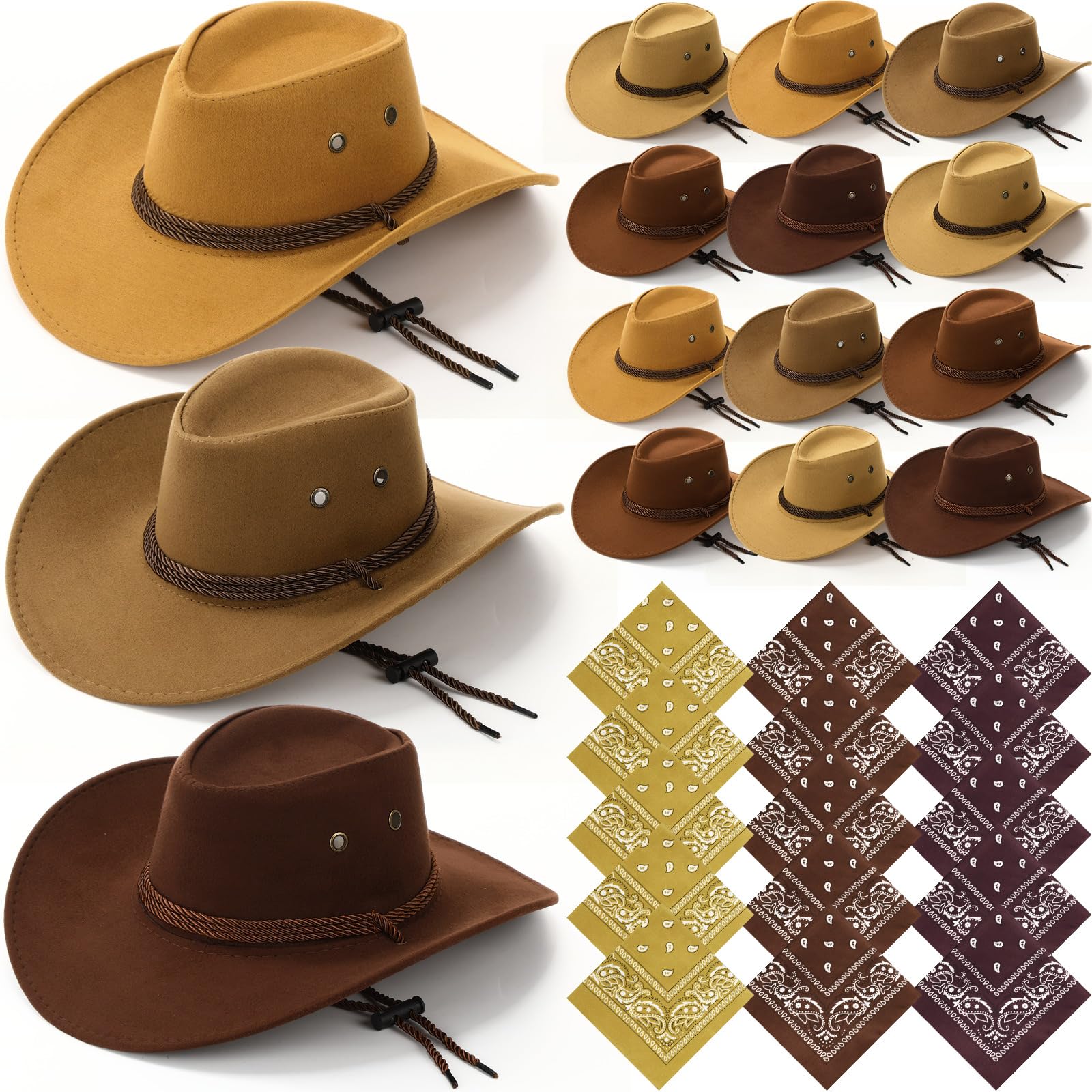 Coume 15 Set Cowboy Hats Bulk for Adults with Bandannas