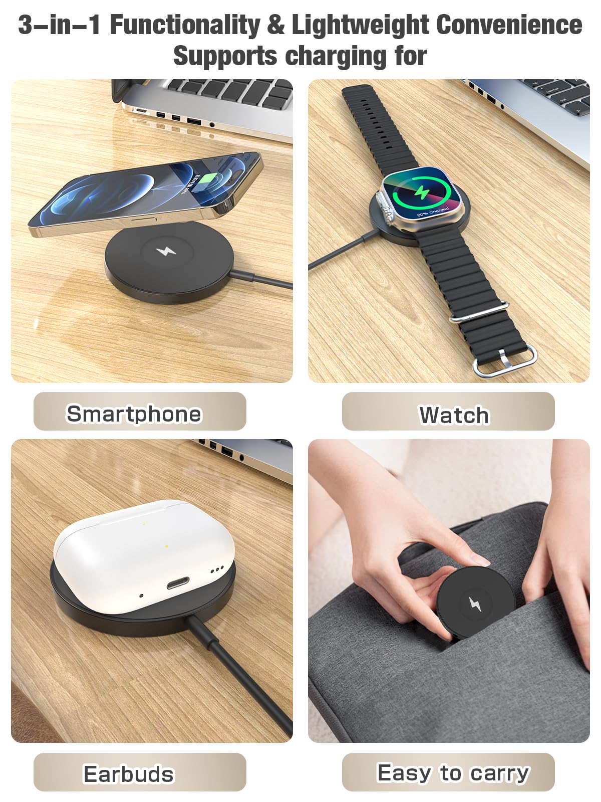 Magnetyczna bezprzewodowa stacja ładująca 3 w 1, szybka ładowarka 15 W, kompatybilna z iPhone 17/16/15/14/13/12, Apple Watch 9-2/SE, AirPods Pro 3/2/1, do biurka przy łóżku, podróży, domowego biura