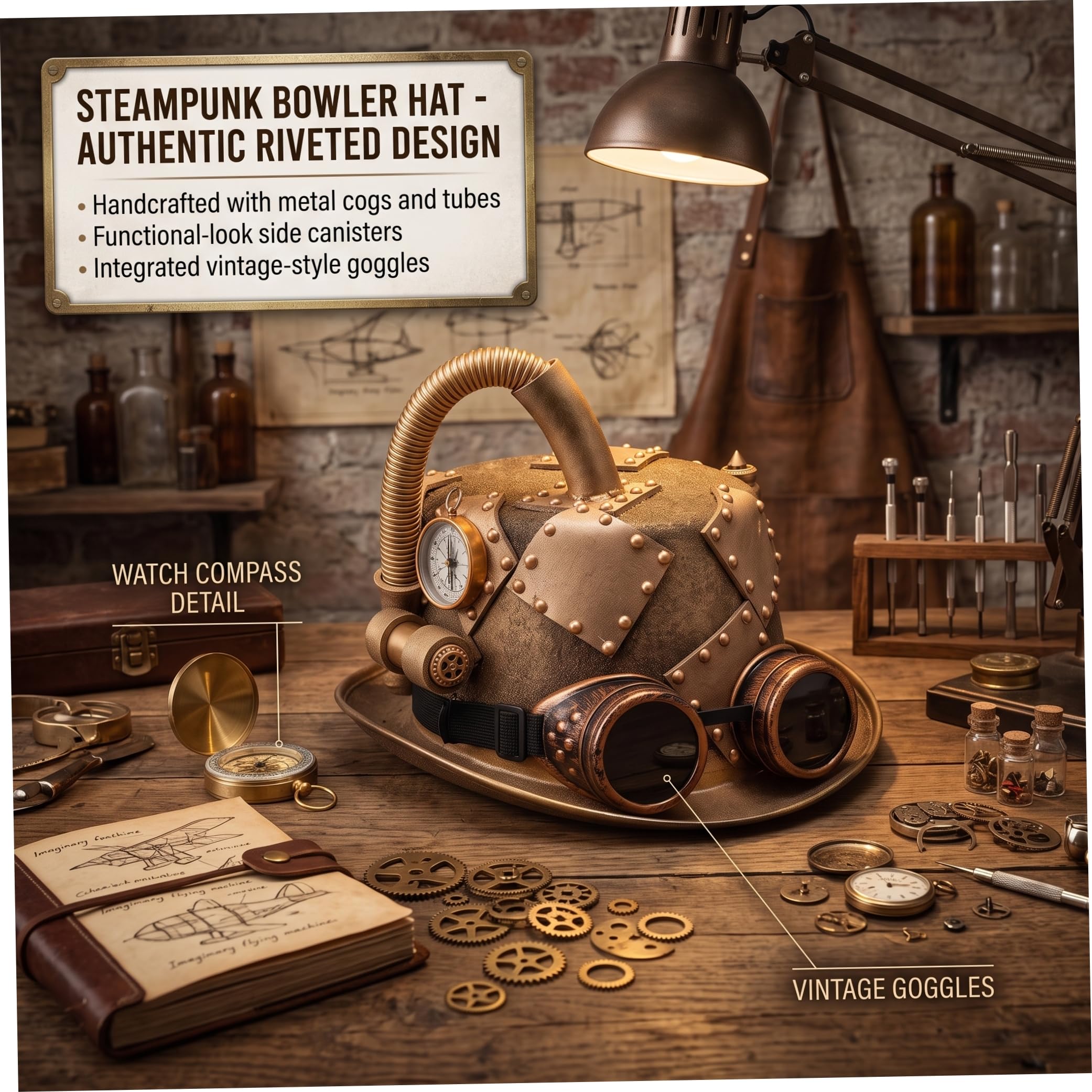 Jorzer Cappello a cilindro Accessori Steampunk, berretto gotico di Halloween, marrone