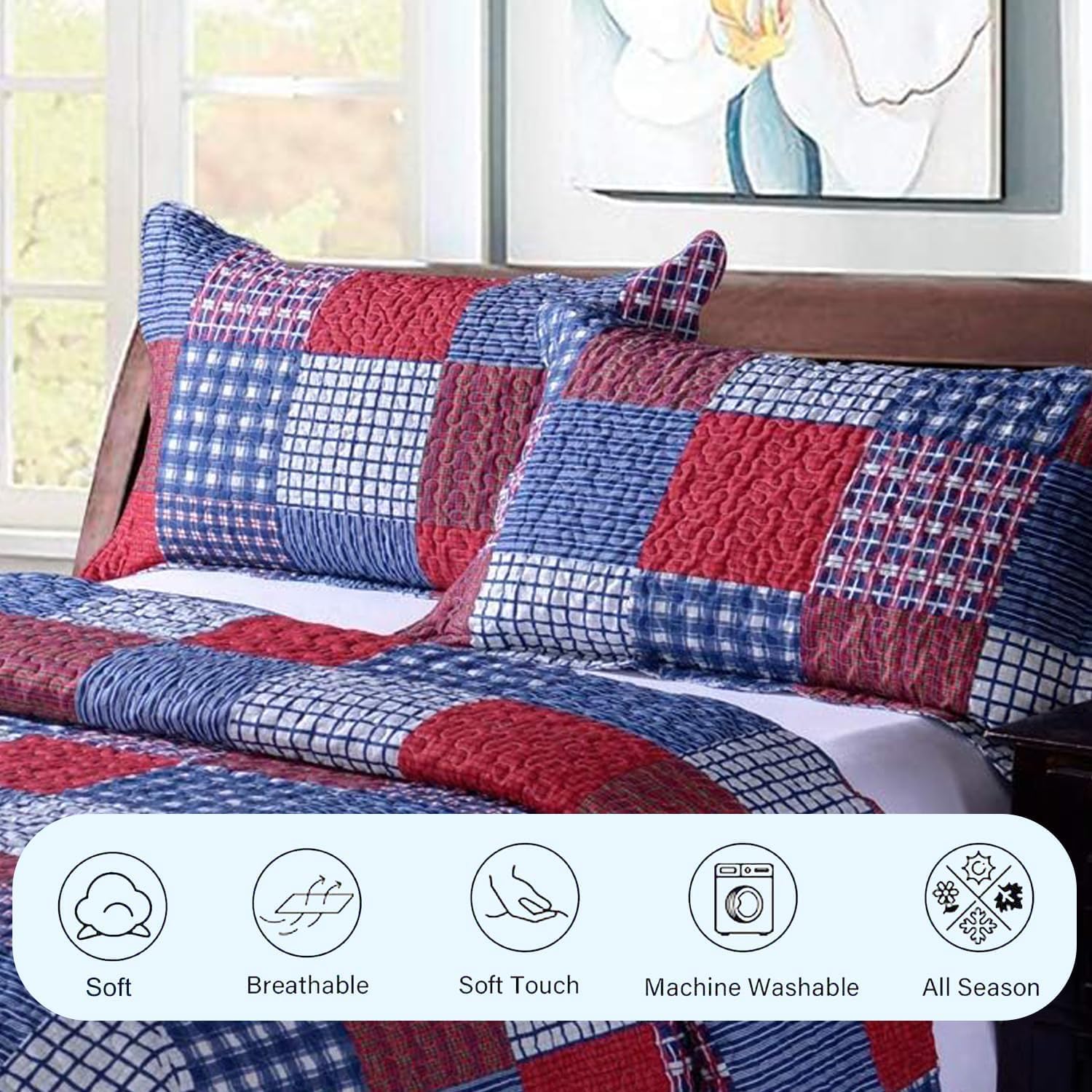 Ycosy Plaid Quilt Set King Size Country Patchwork Bedding Set Lightweight Reversible Bedspread Coverlet Set Red Blue Pliad Quilts Soft Home Collections with 2 Pillow Shams - Image 5