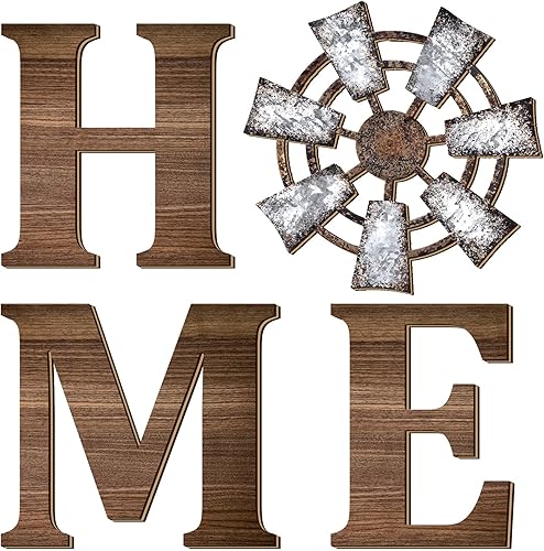 Qunclay 4 piezas de molino de viento decoración de pared de madera para el hogar, decoración rústica de casa de campo, letrero de madera colgante