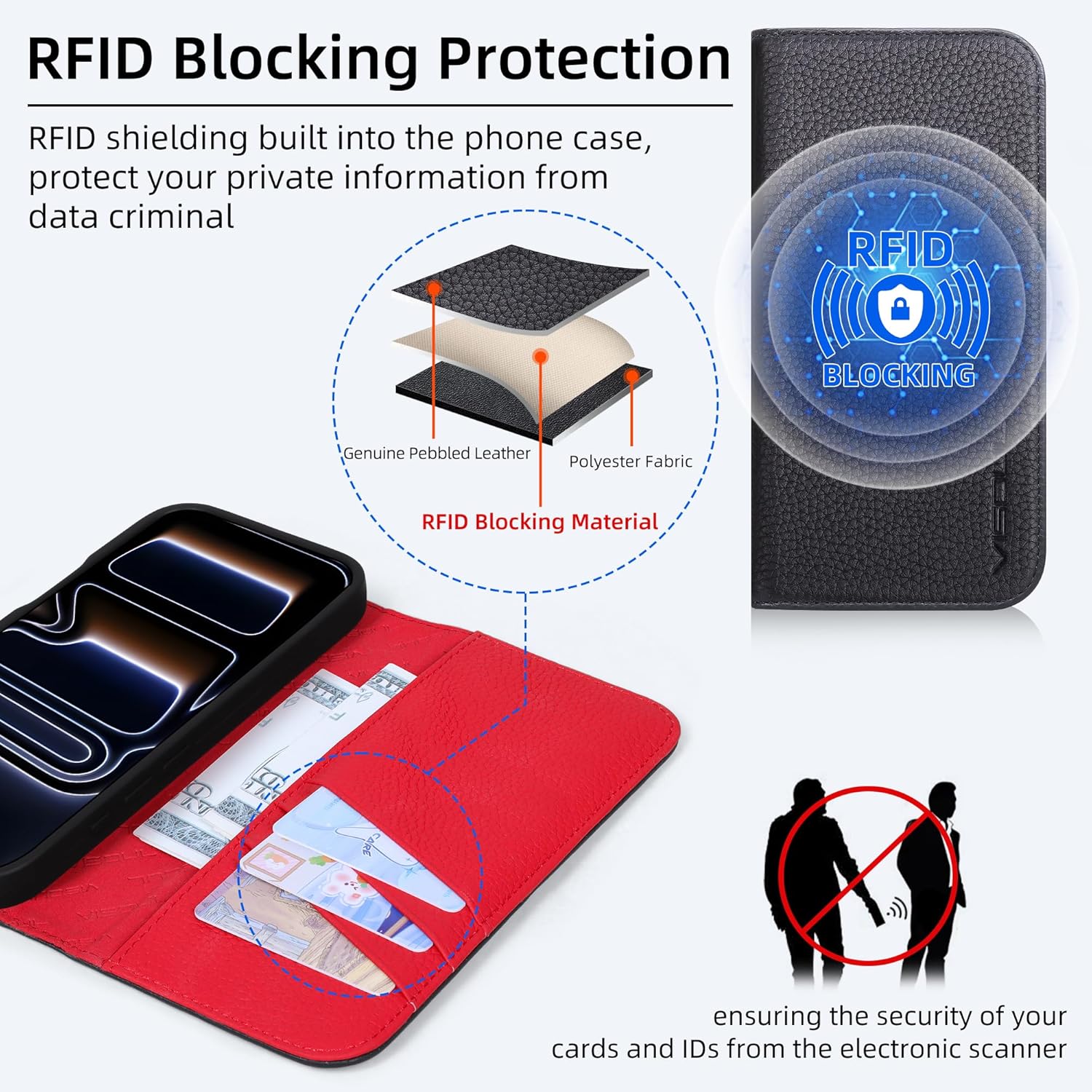 VISOUL Pebbled Leather Wallet Case for iPhone 17 Pro 6.3” 2025, Genuine Leather Flip Folio Cover, RFID Blocking Card Holders, Kickstand, Soft TPU Shell, Protective Flip Cover -Black+Red - Image 5